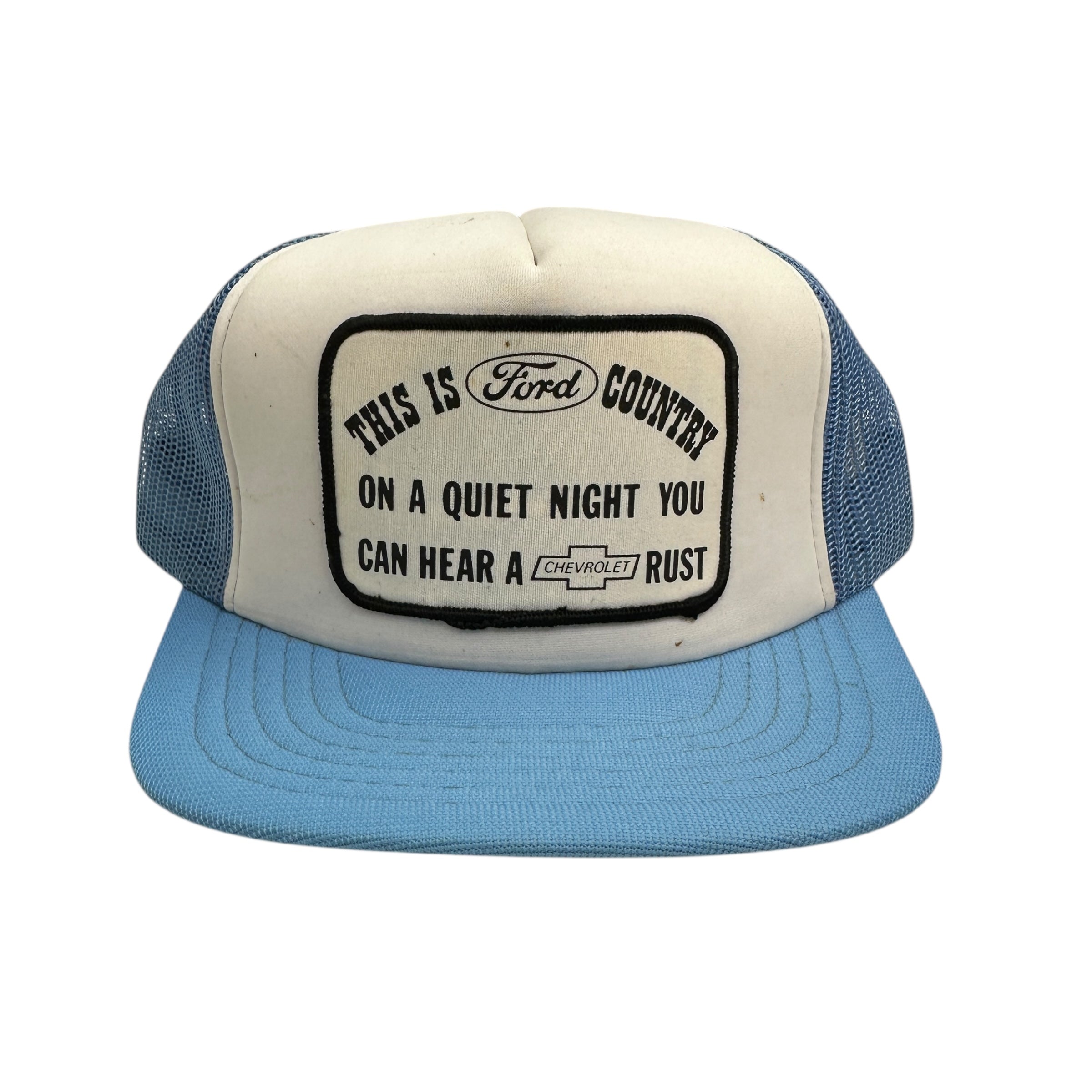 Vintage Ford vs Chevy Trucker Hat Baby Blue