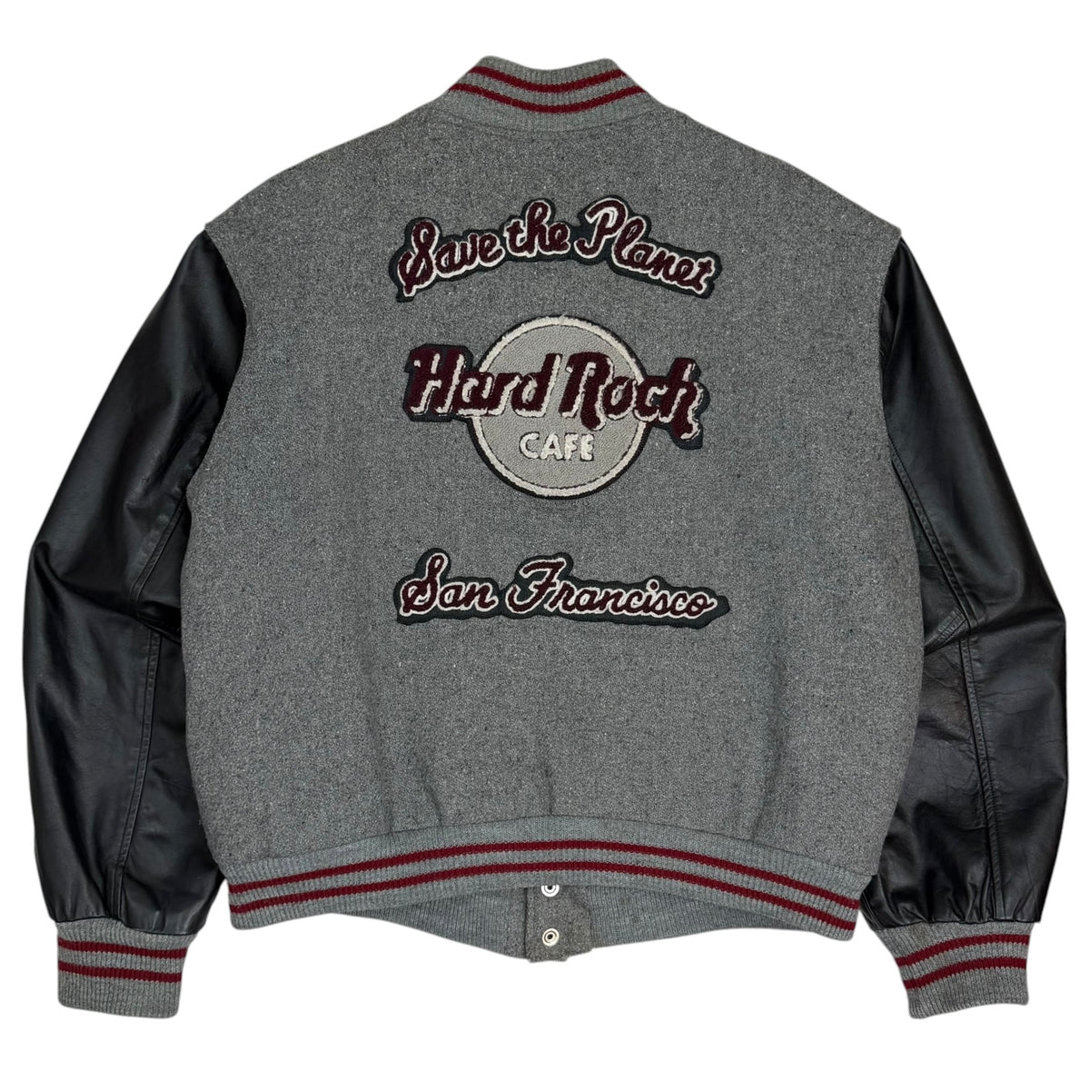 Vintage Hard Rock Cafe San Francisco “Save The Planet” Wool Varsity Jacket Grey