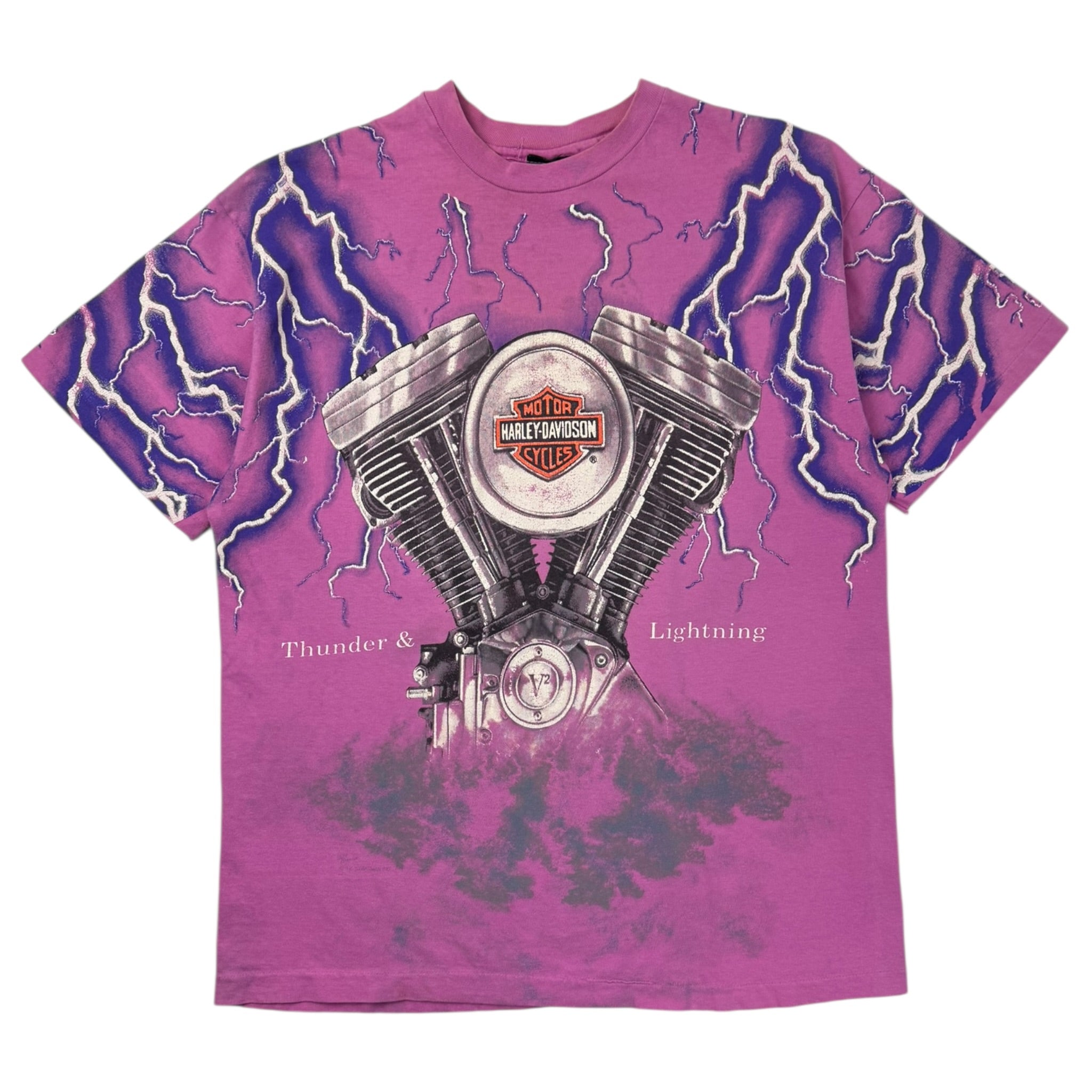 Vintage Harley Davidson ‘Thunder & Lightning’ All Over Print T-Shirt Pink