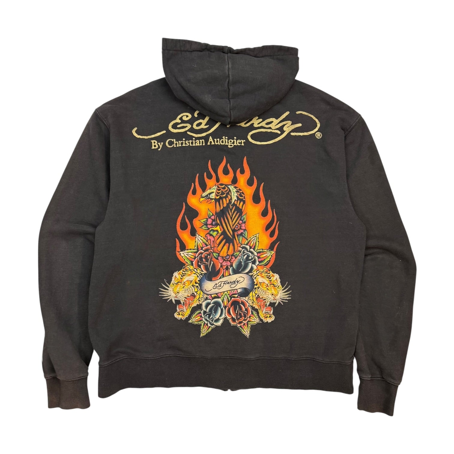 Vintage Ed Hardy By Christian Audiger Flaming Eagle Zip Up Hoodie Black