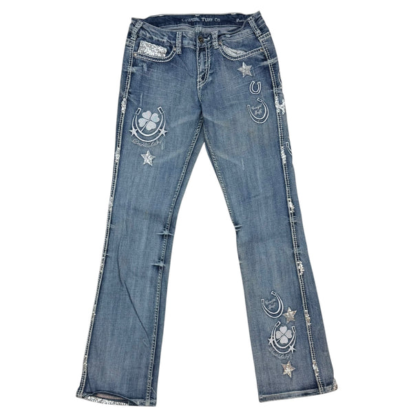 (W) Cowgirl Tuff Embroidered Sequin Double Lucky Jeans Blue