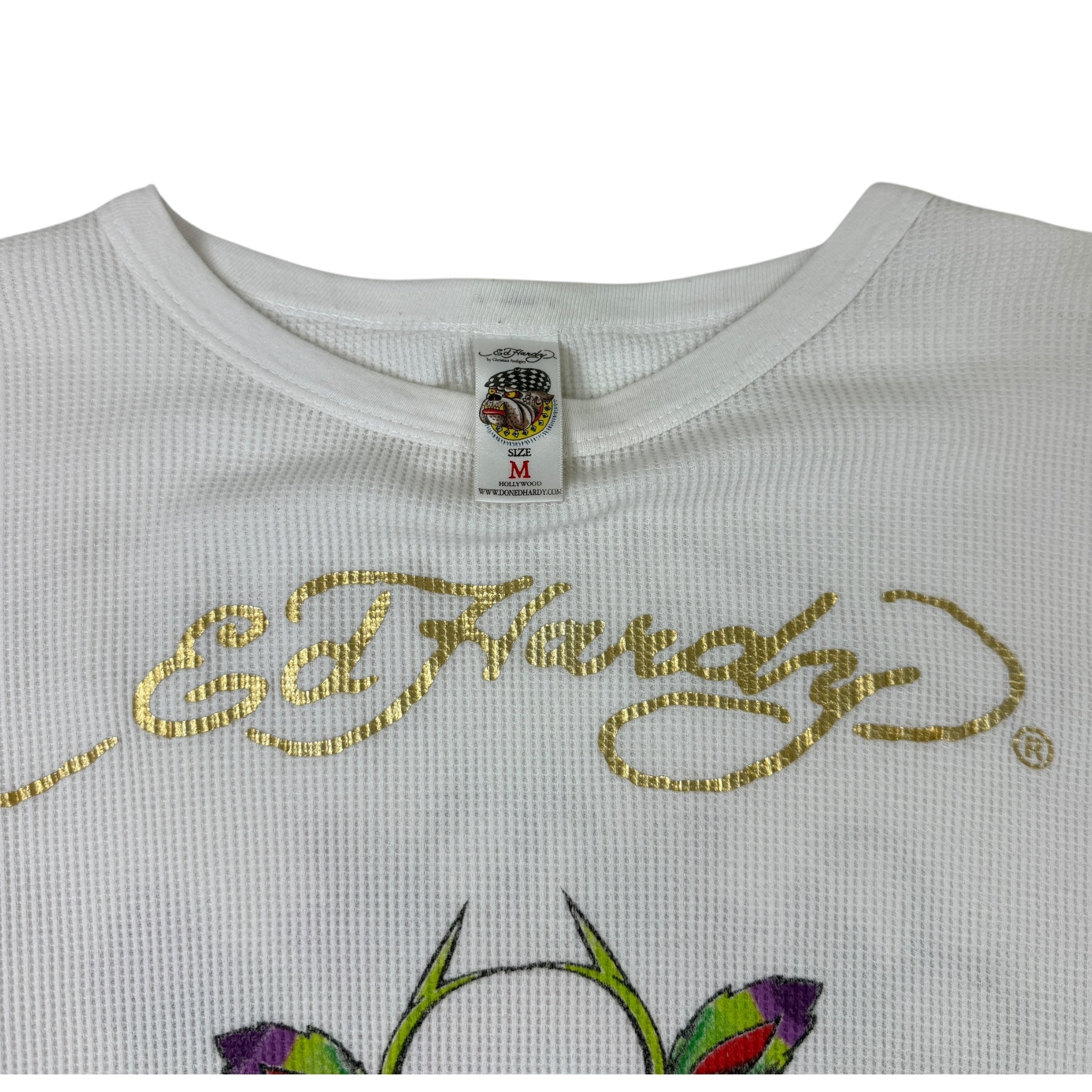 Vintage Y2K Ed Hardy Floral Skull Thermal Longsleeve White