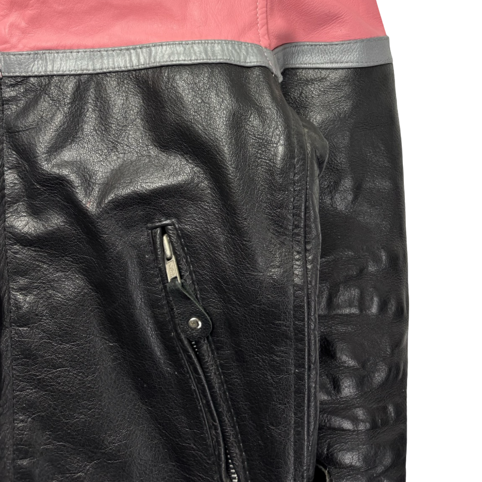 (W) Vintage Striped Pink Black Leather Biker Jacket