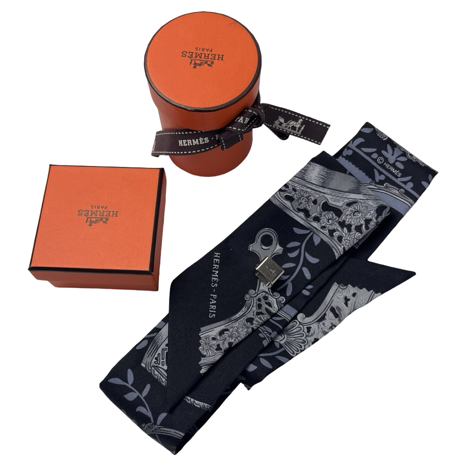 (W) Hermes Black/Blue Silk Etriers Remix Twilly
