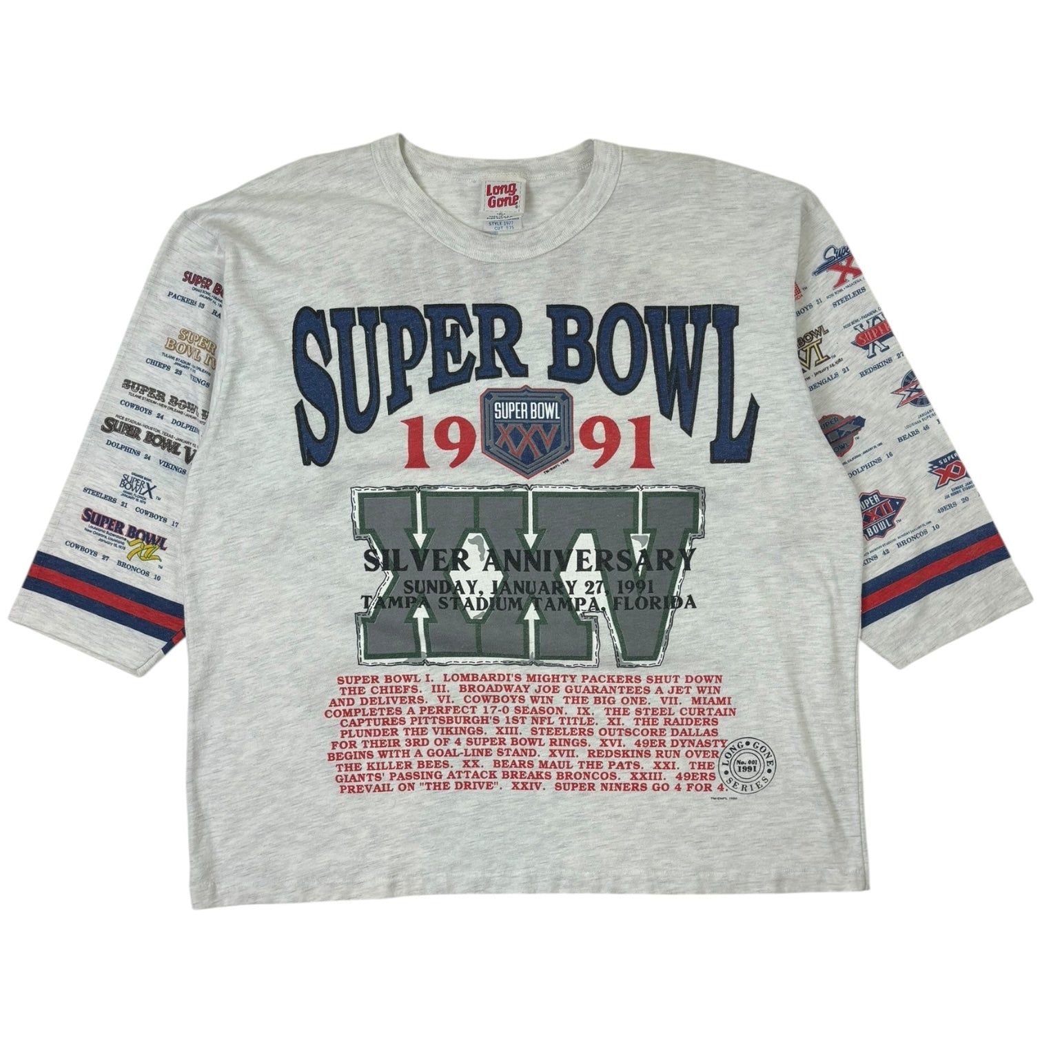 Vintage 1991 Super Bowl XXV Silver Anniversary 3/4 Sleeve T-Shirt Grey