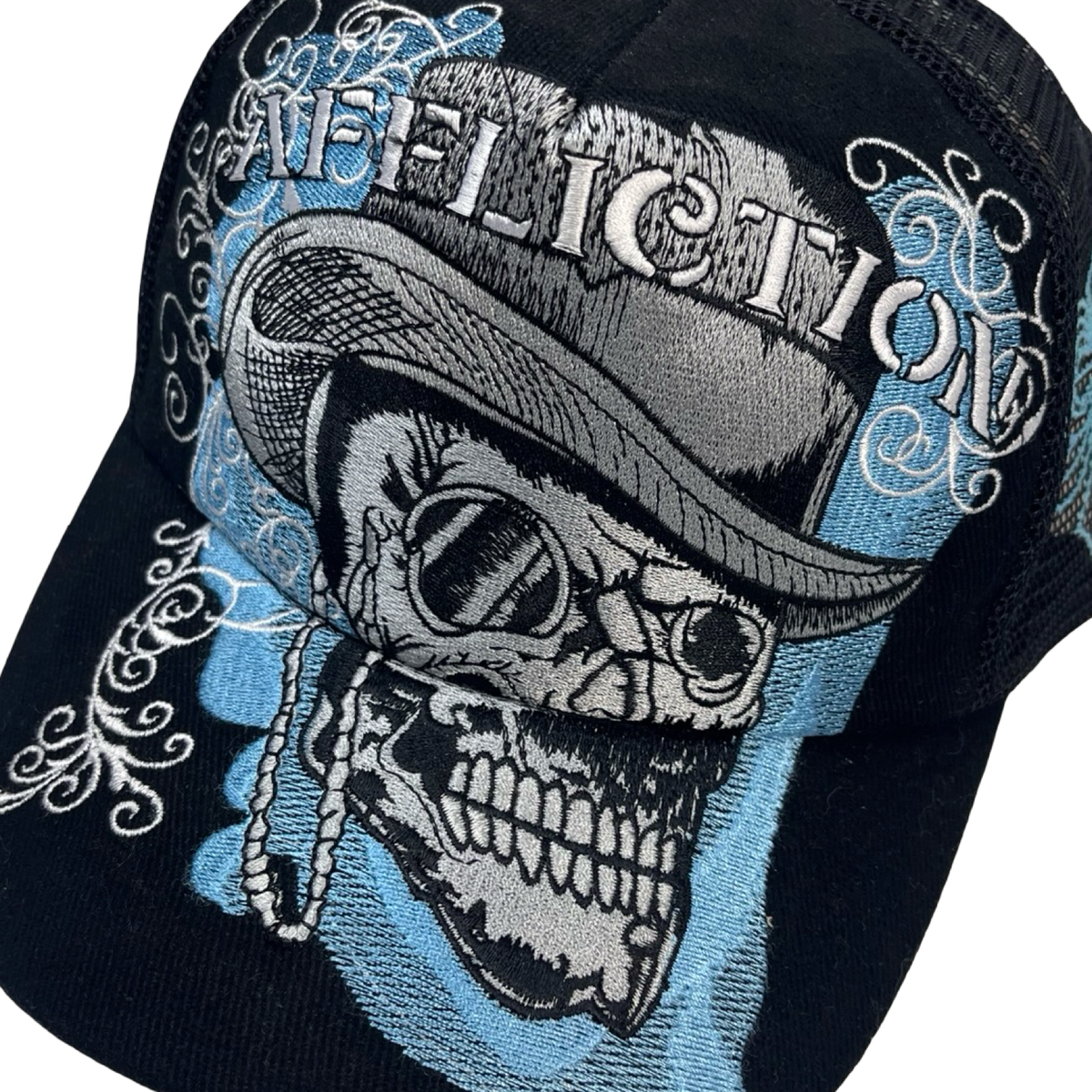 Vintage Y2K Affliction Embroidered Skull Trucker Hat Black