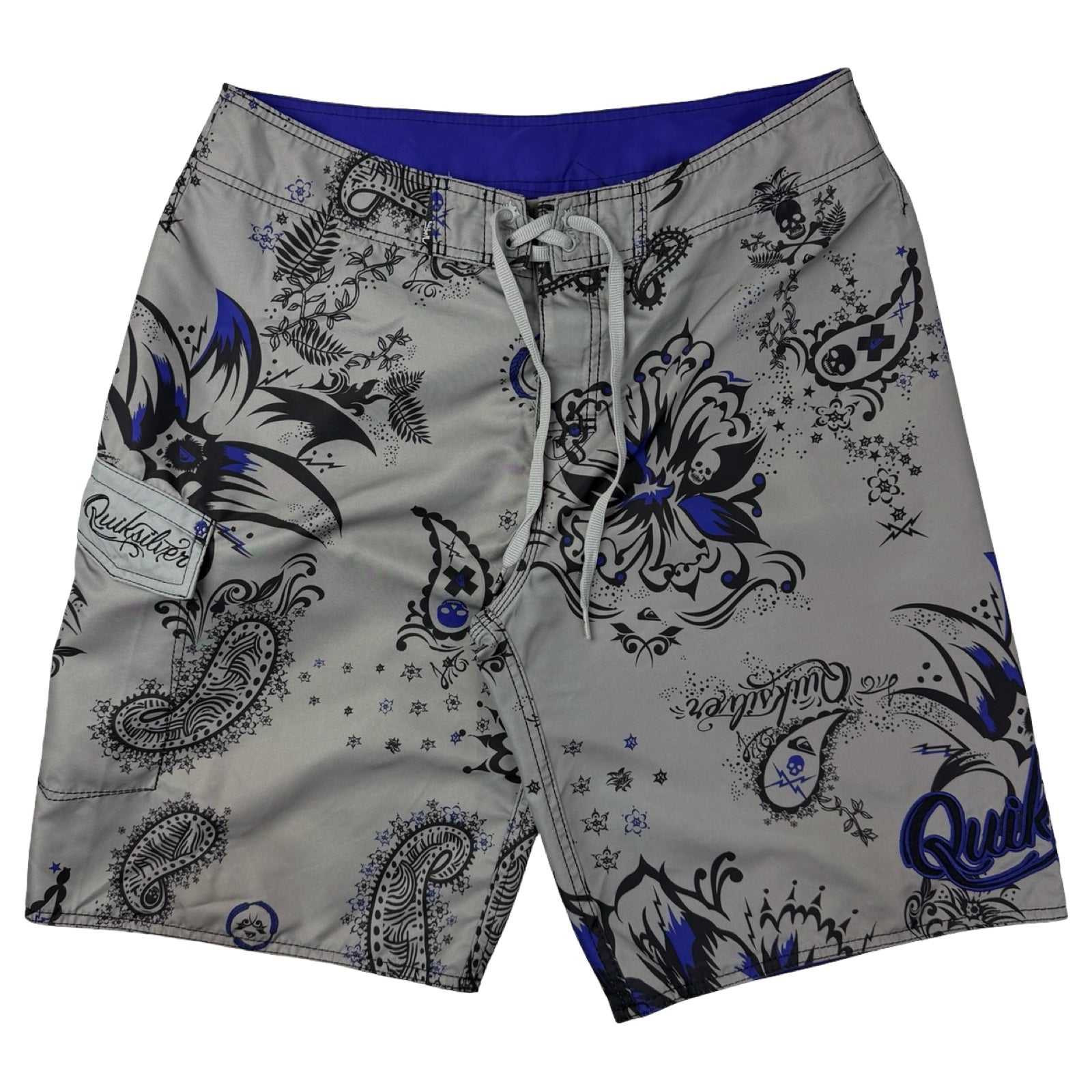 Vintage Y2K Quiksilver Skull Board Shorts Grey/Purple