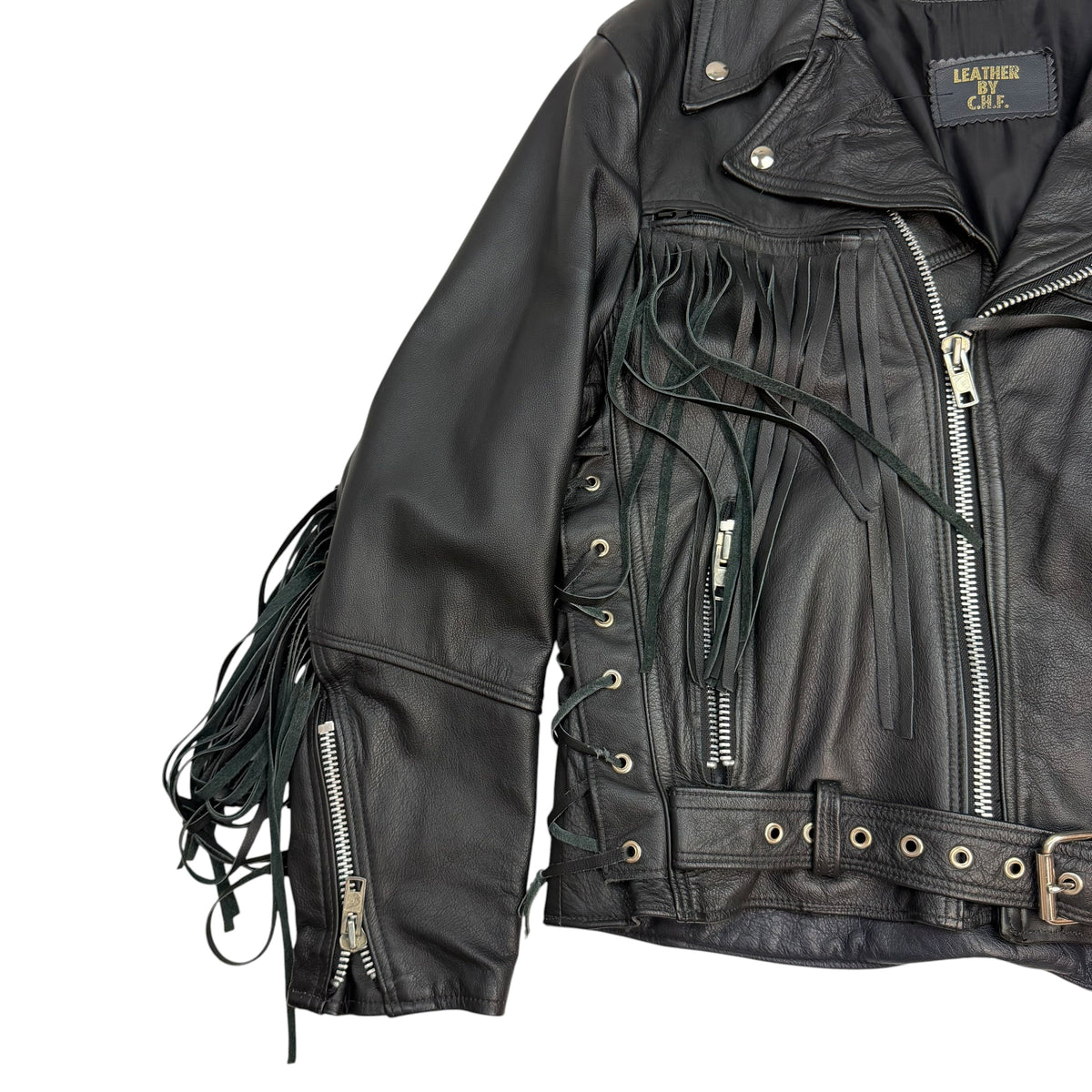 Vintage Leather Fringe Detail Motorcycle Jacket Black
