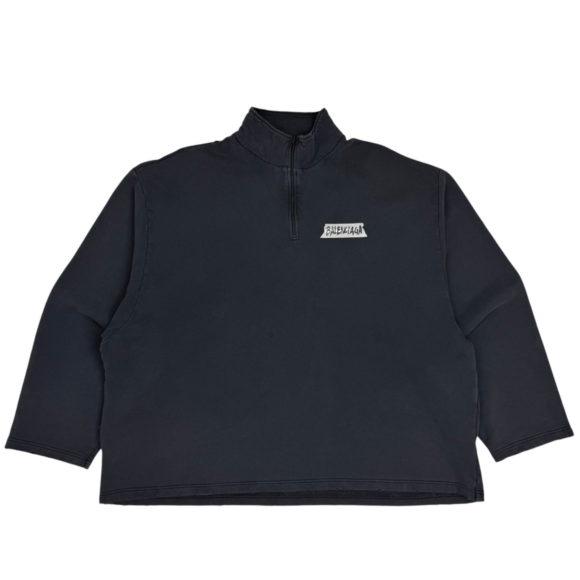 Balenciaga Tape Logo Oversized Distressed Quarter Zip Black