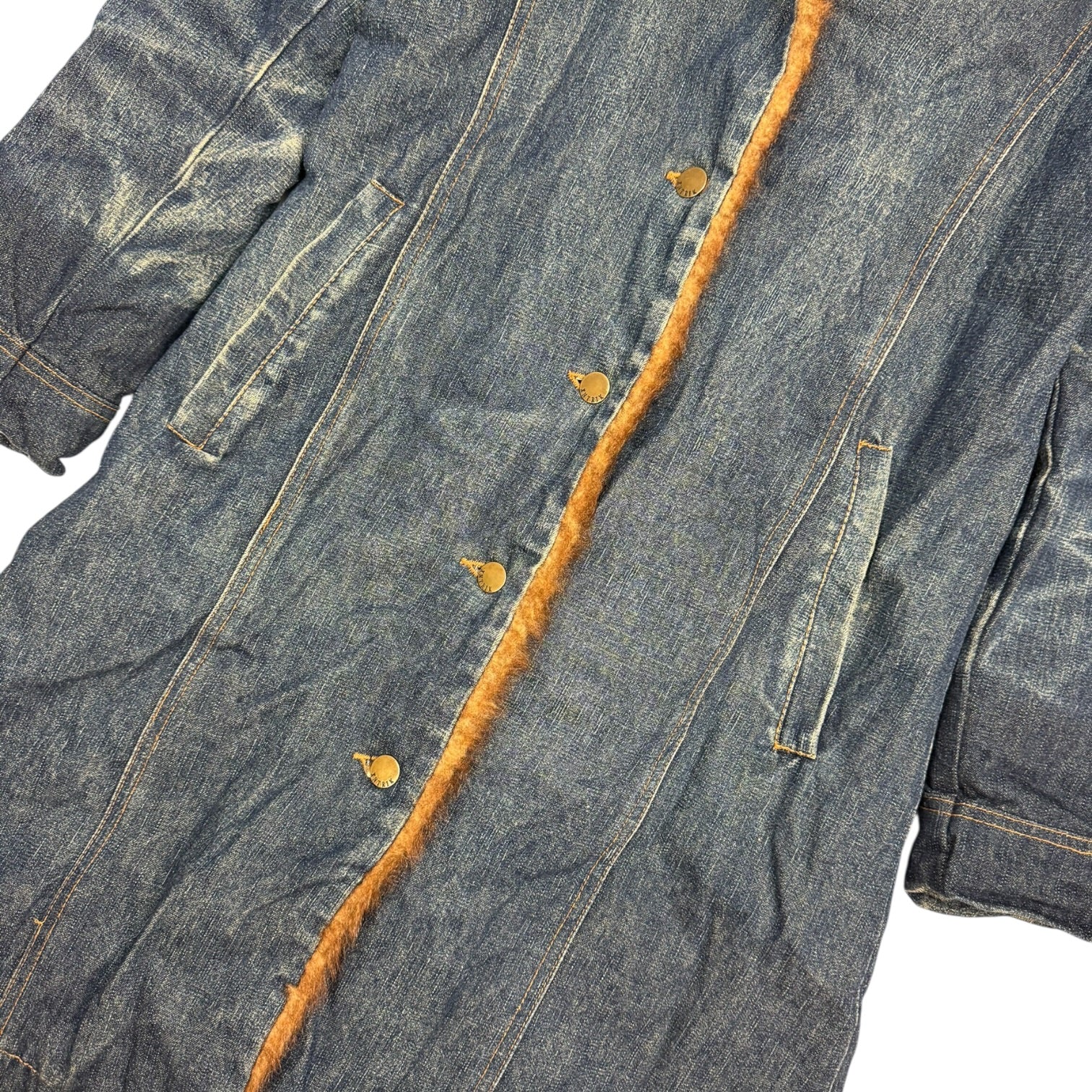 (W) Vintage Faux Fur Denim Trench Coat Medium Wash