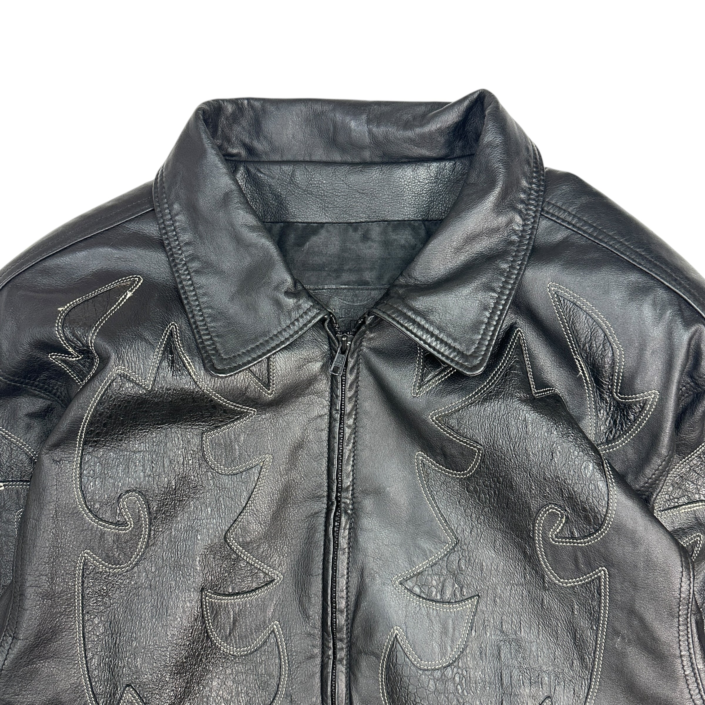 Vintage Leather Cowboy Pattern Bomber Jacket Black