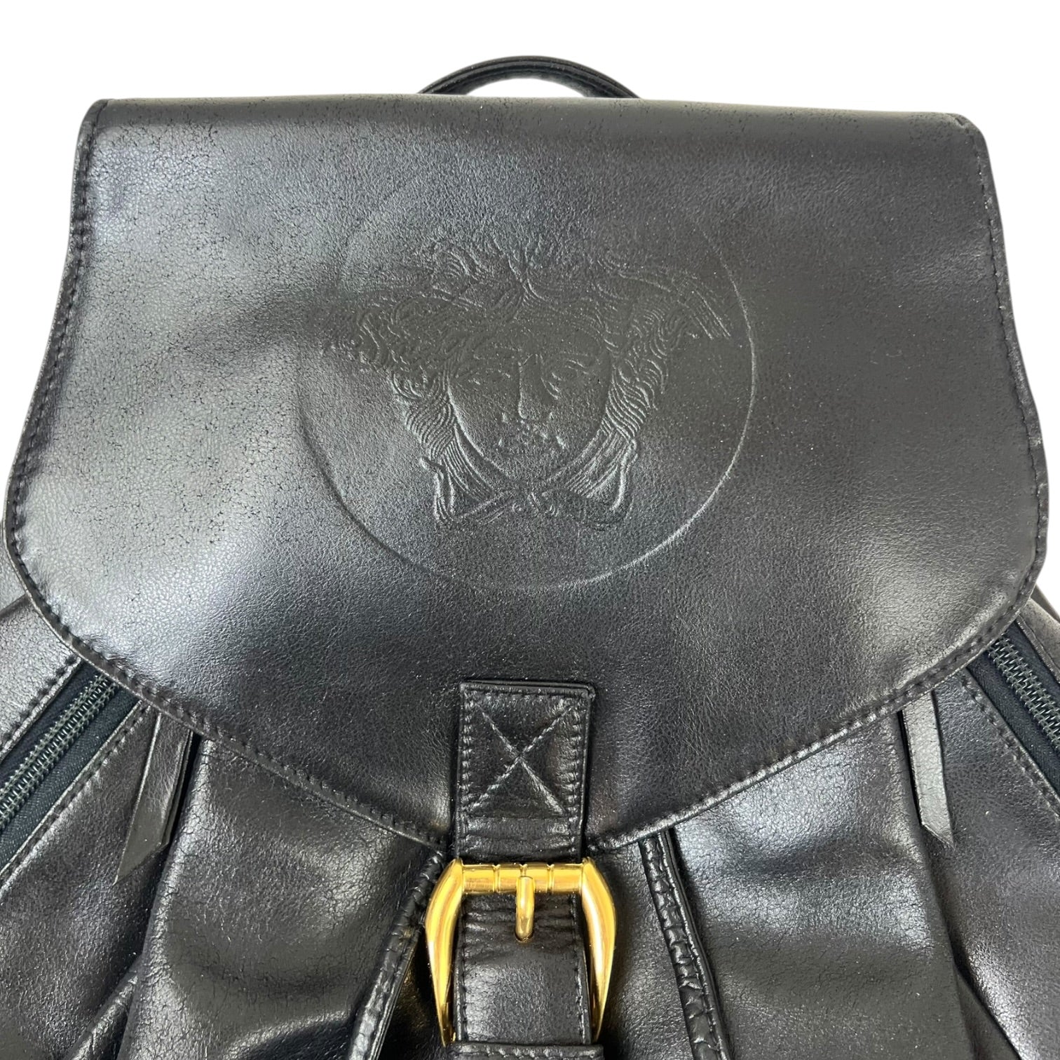 Vintage Gianni Versace Leather Medusa Head Logo Backpack Black