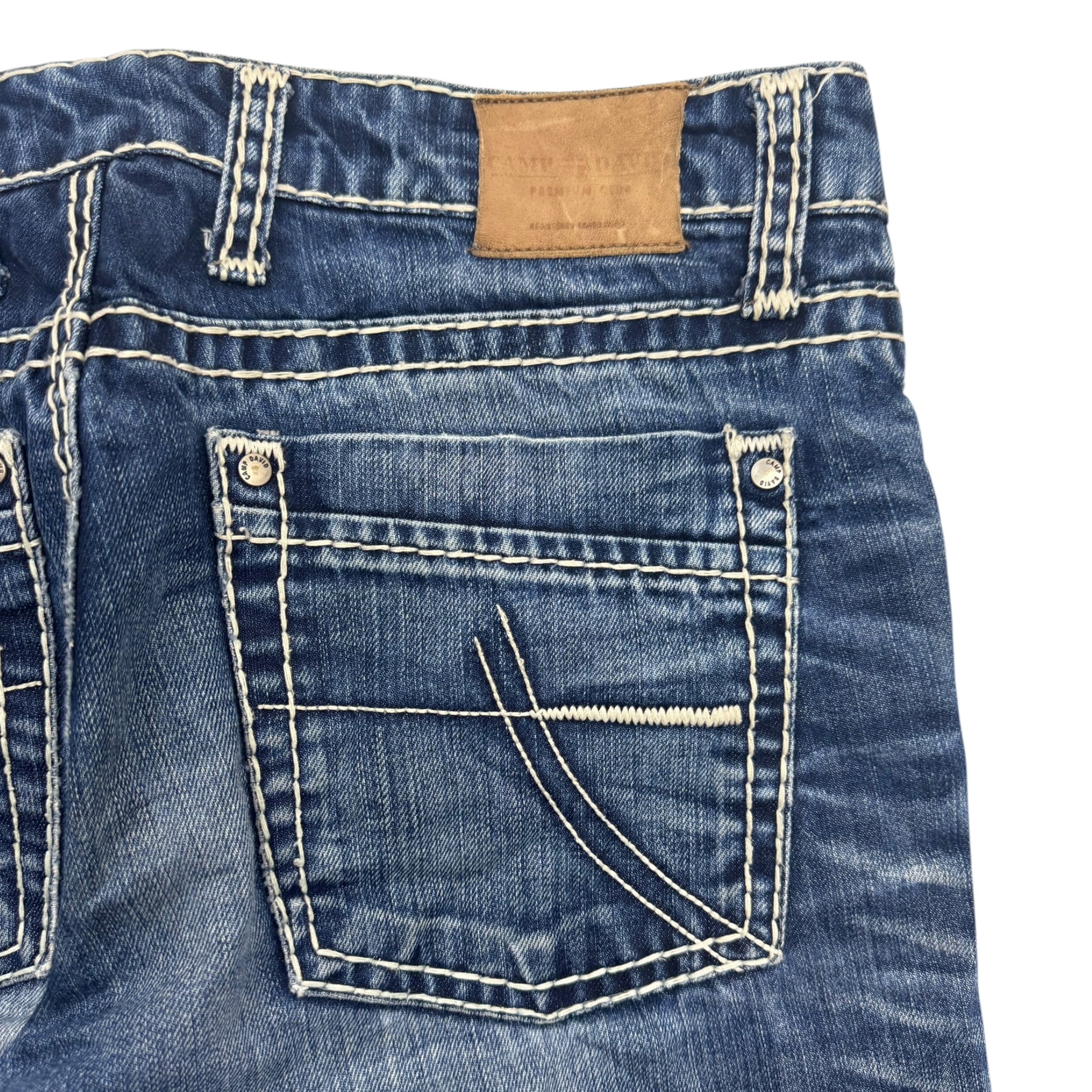 Y2K Camp David Embroidered Contrast Stitch Denim Blue Wash Bottoms