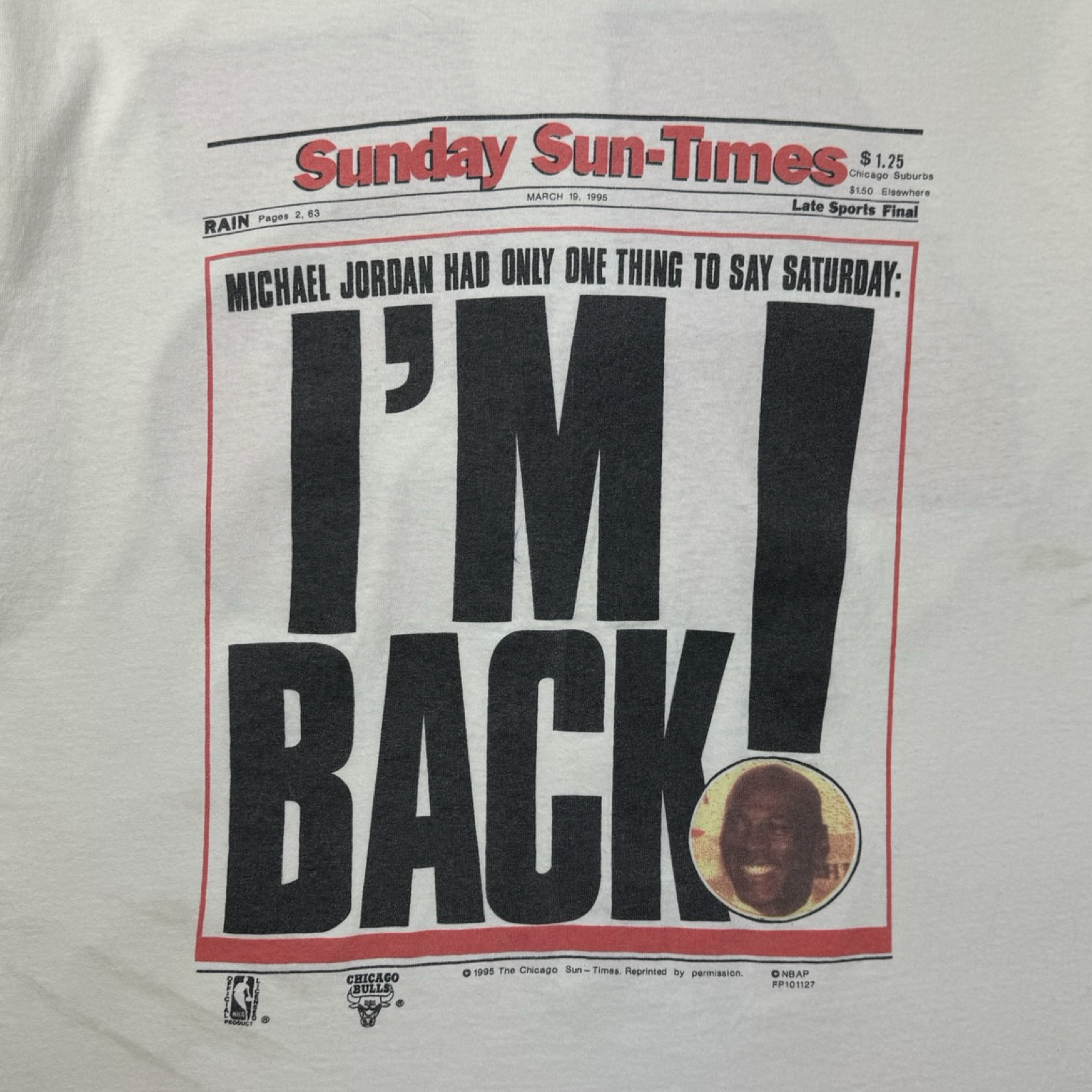 1995 Chicago Sun Michael Jordan Headline NBA T-Shirt