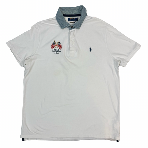 Vintage Polo Ralph Lauren USA Denim Collar Polo Shirt White