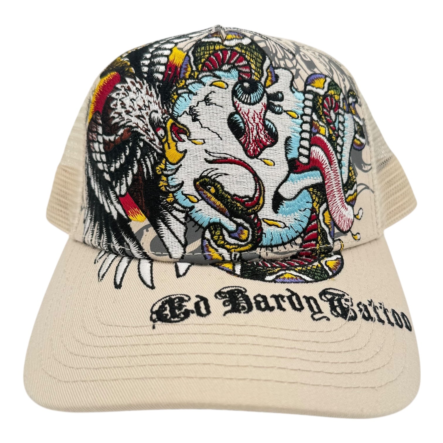 Vintage Y2K Ed Hardy Tattoo Embroidered Skull Trucker Hat Khaki