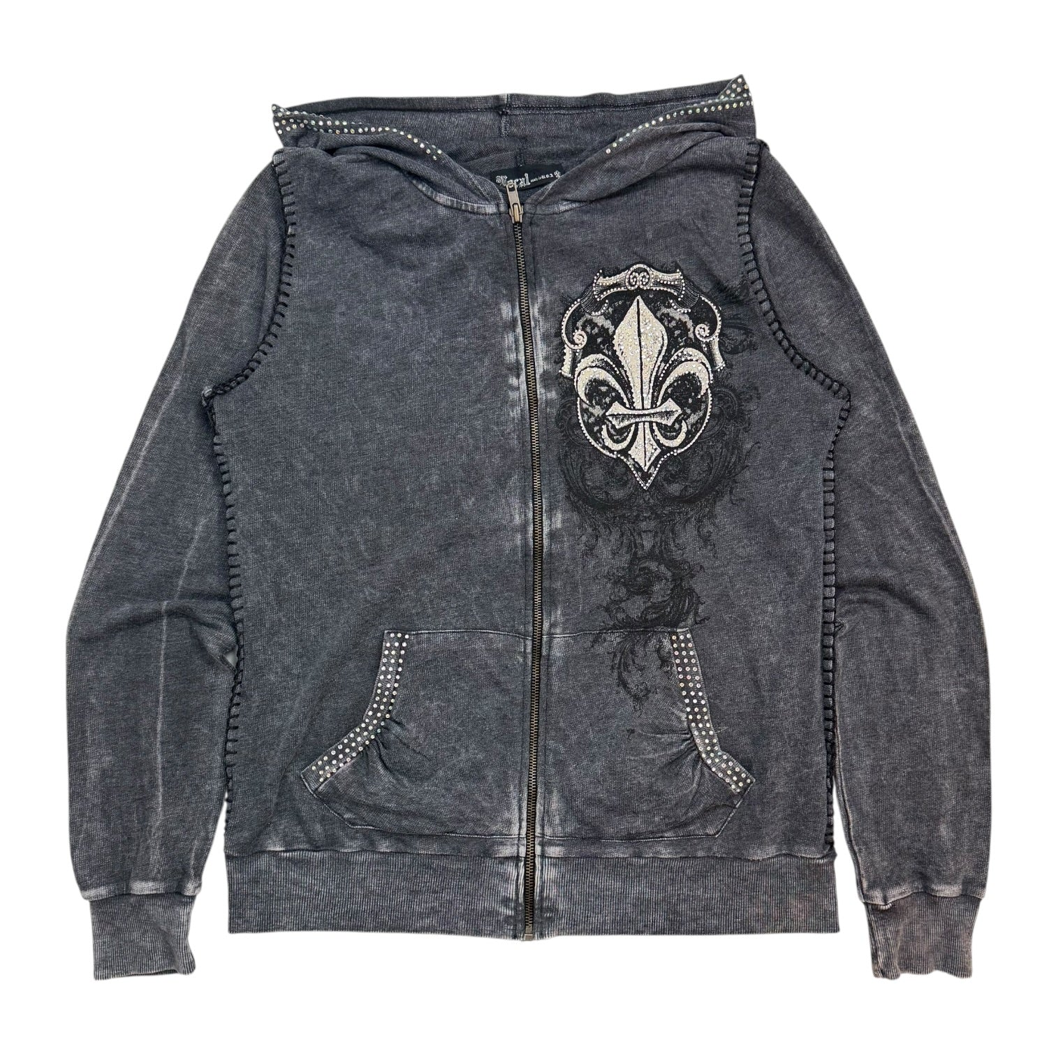 (W) Vintage Vocal Fleur Des Lis Zip Up Hoodie Washed Grey