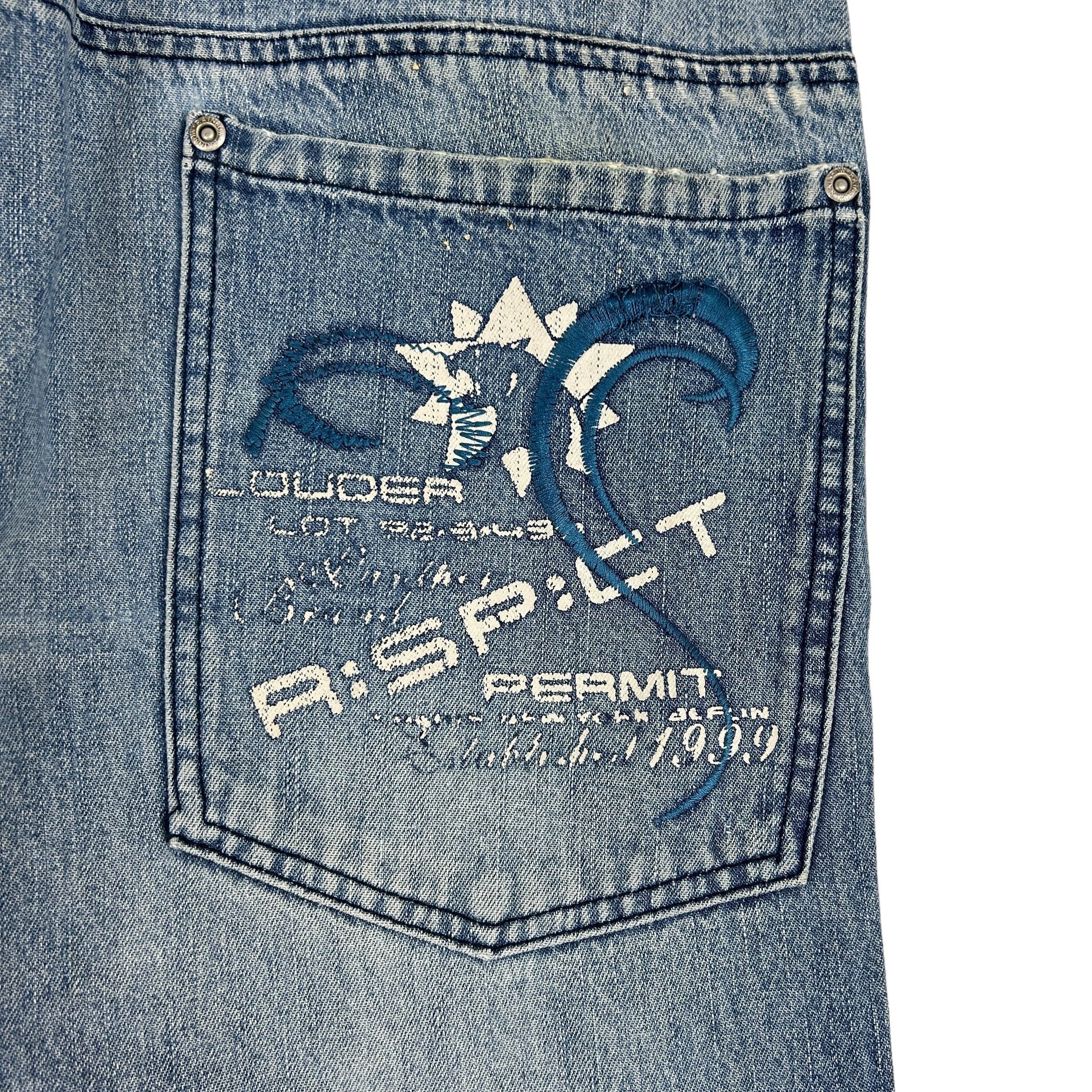 Y2K Hip Hop Rispict Embroidered Denim Jeans Washed Blue
