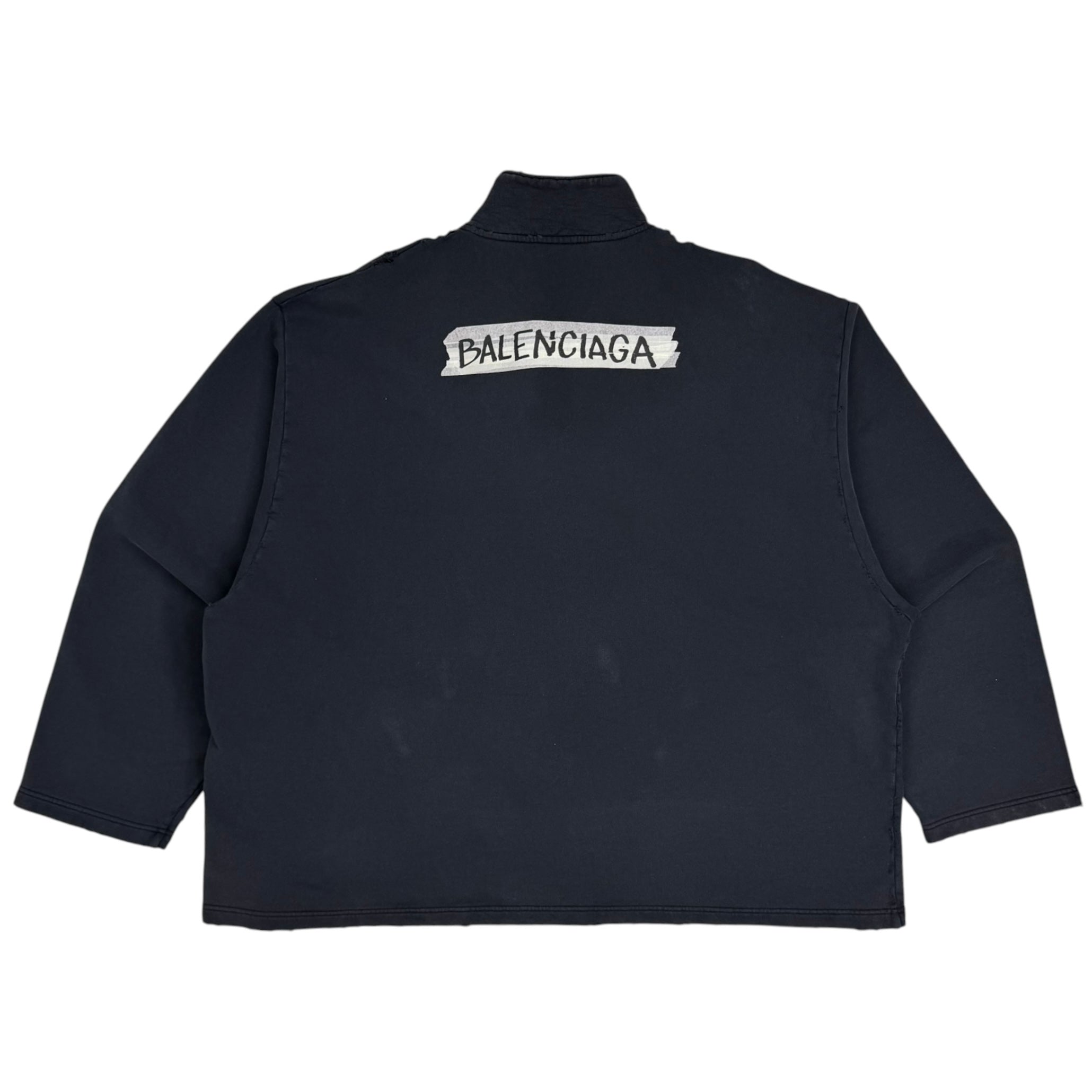 Balenciaga Tape Logo Oversized Distressed Quarter Zip Black