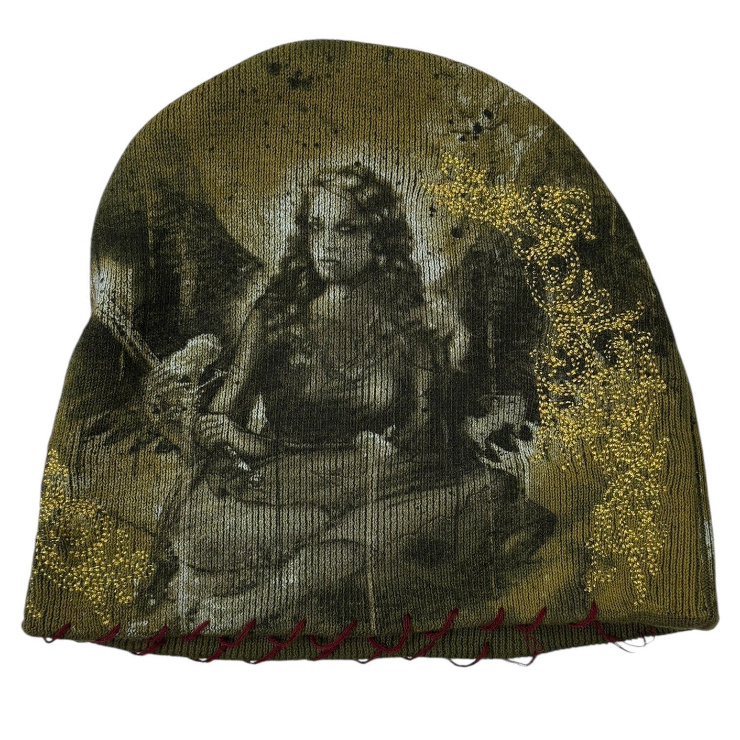 Vintage Y2K Affliction Angel Skullcap Beanie Olive