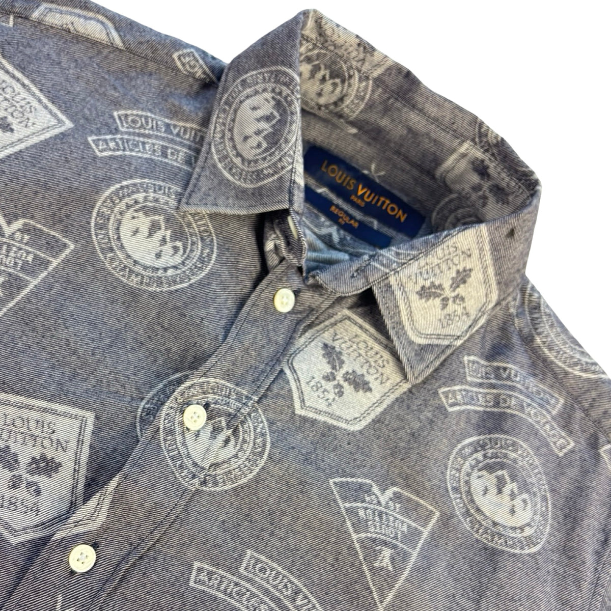 Louis Vuitton Travel Stamp Button-Down T-Shirt Denim Blue
