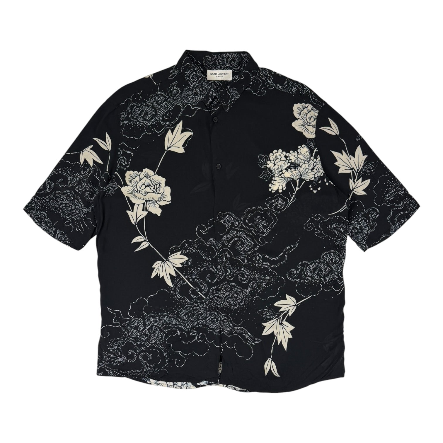 Saint Laurent SS21 Viscose Button-Up Short-Sleeve Shirt Black/White