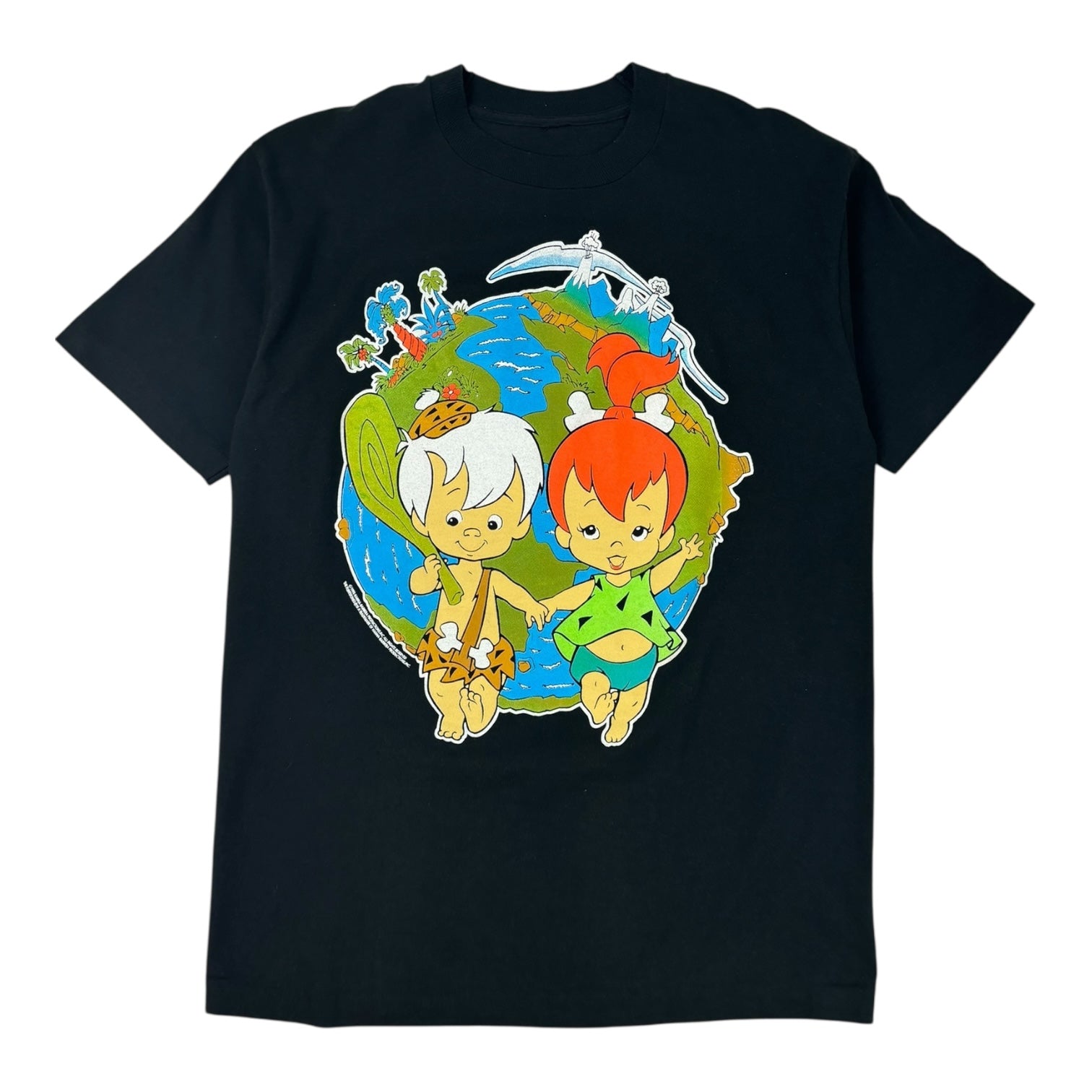 Vintage The Flintstones Bamm Bamm & Pebbles Globe T-Shirt Black