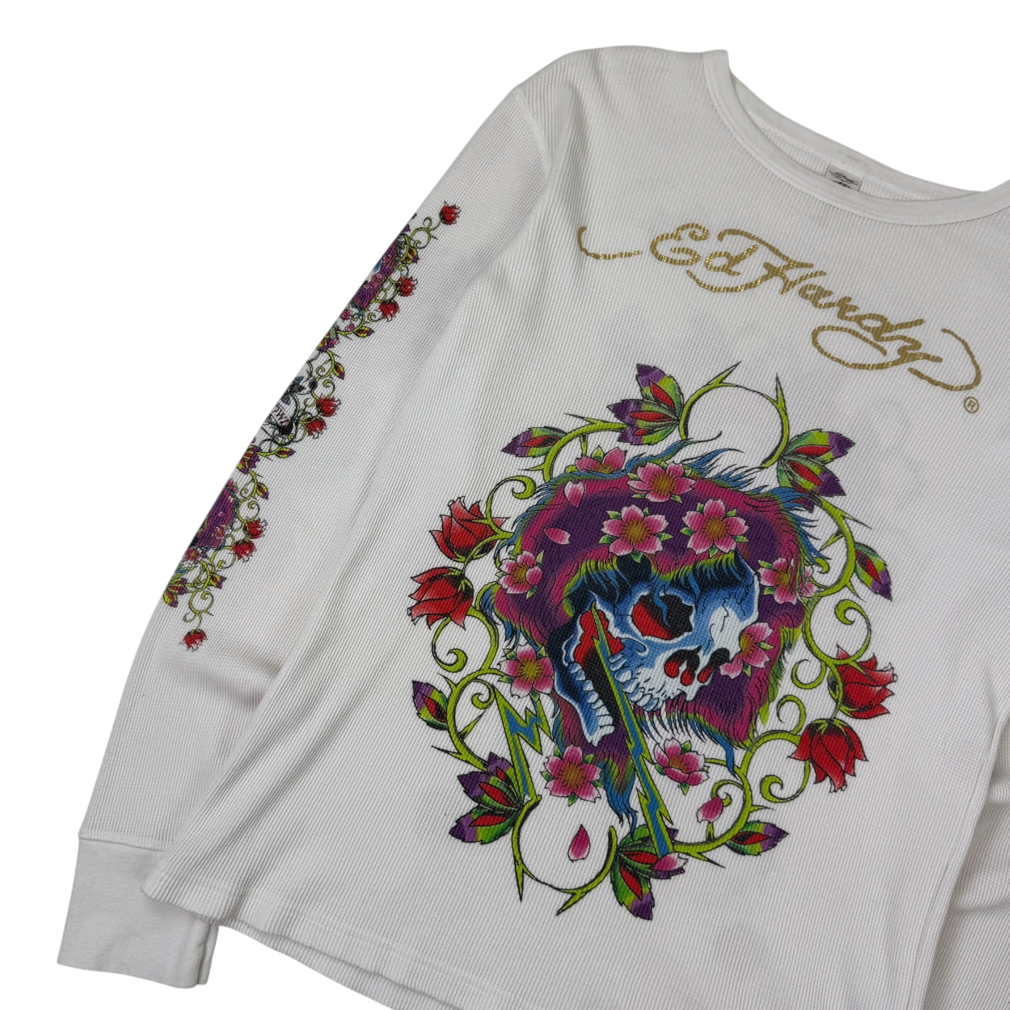 Vintage Y2K Ed Hardy Floral Skull Thermal Longsleeve White