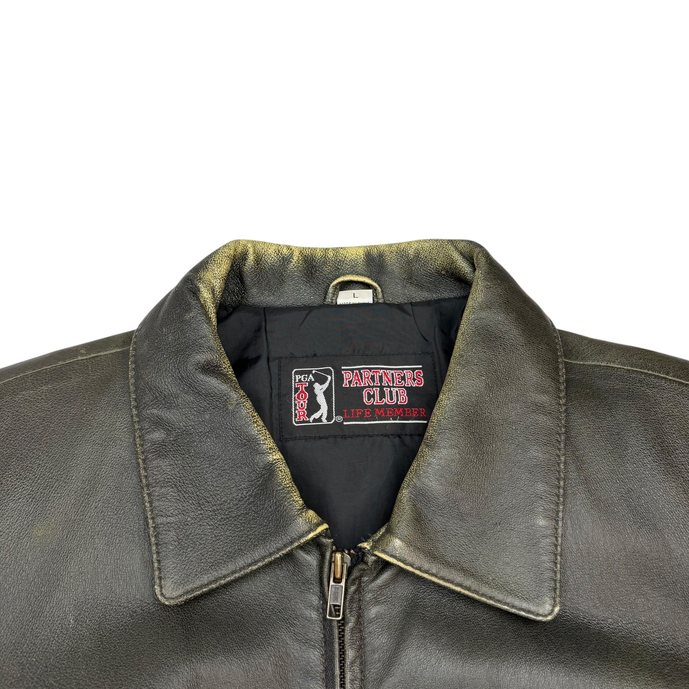 Vintage PGA Tour Partners Club Chenille Leather Jacket Black