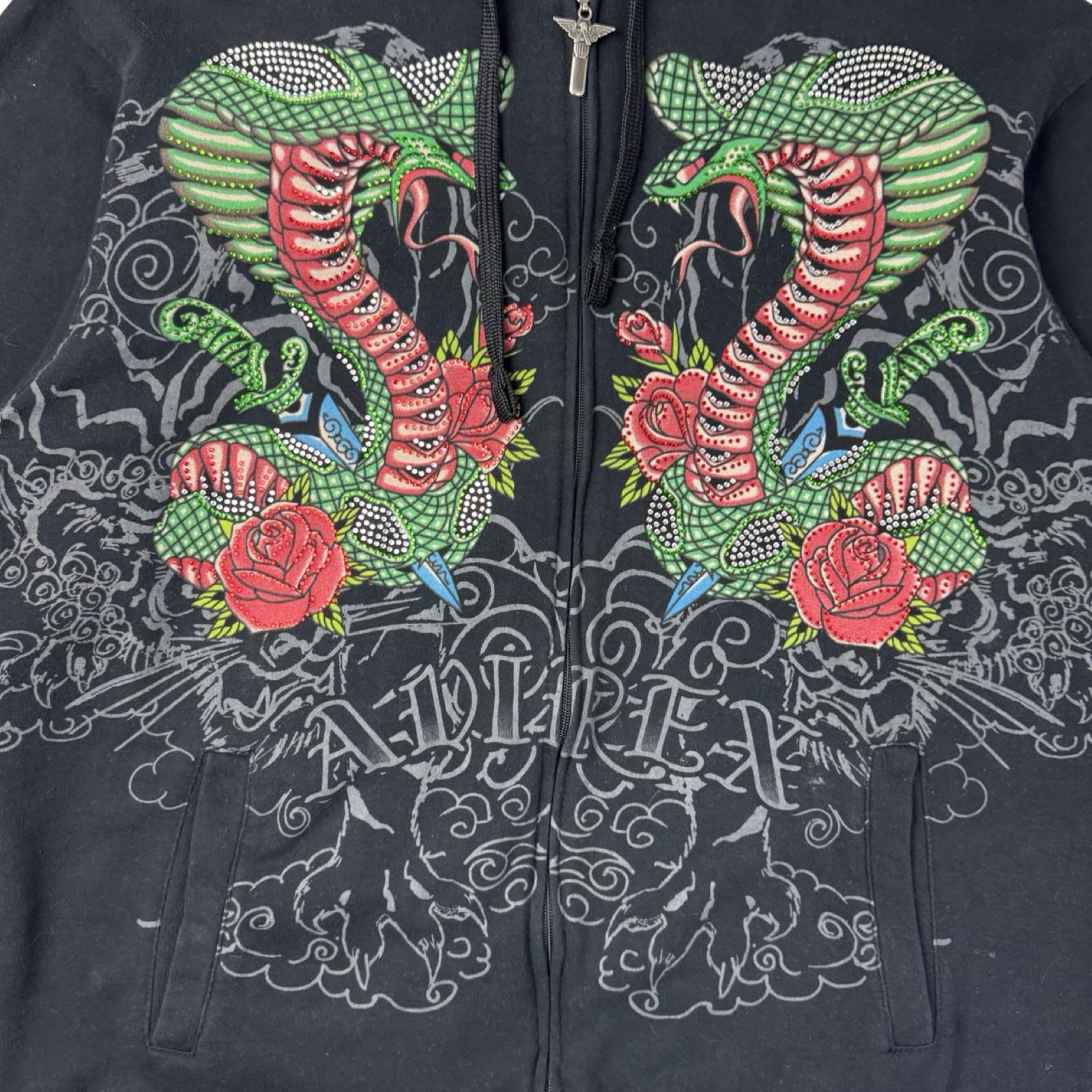 Vintage Y2K Avirex Twin Snakes Rhinestone Zip Up Hoodie