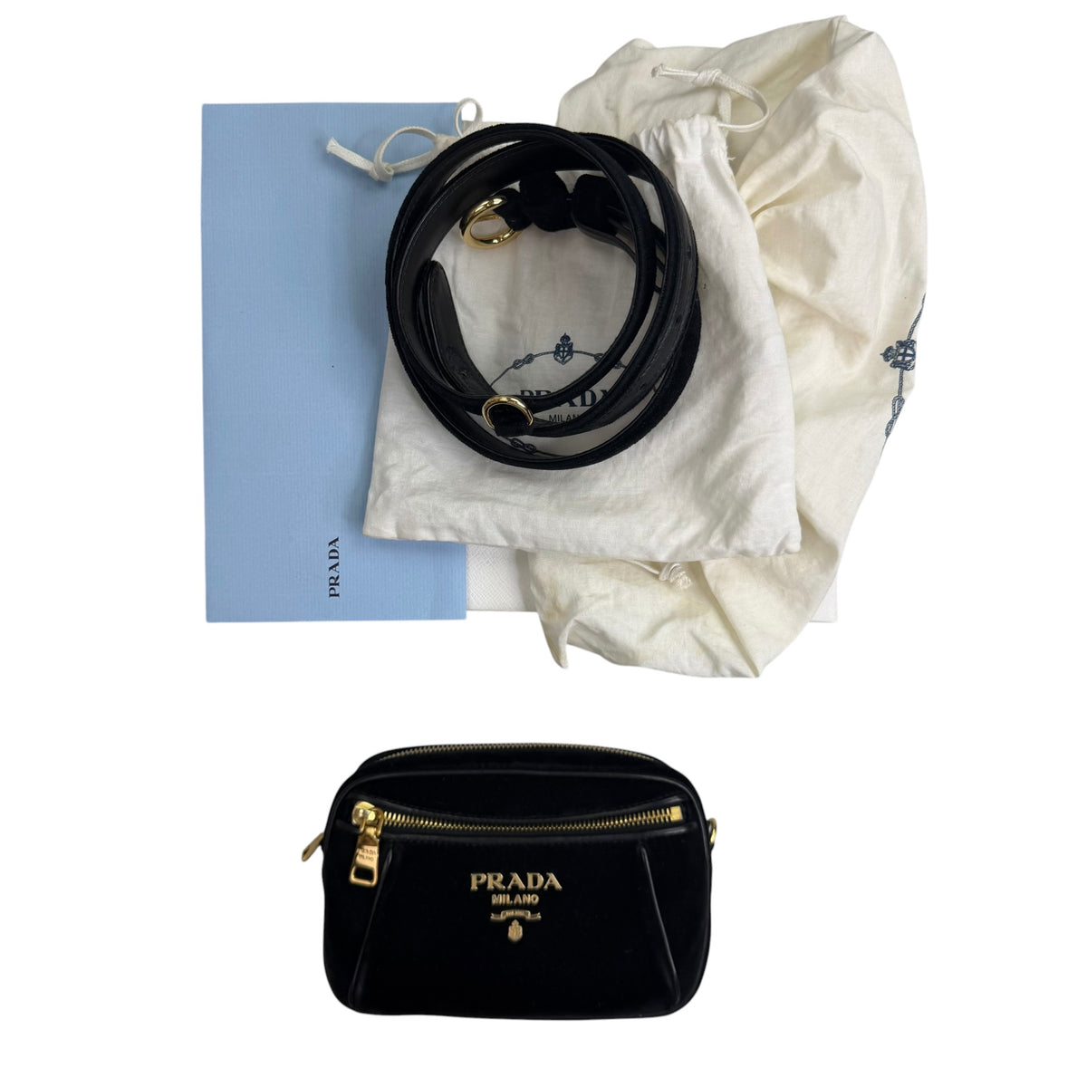 (W) Prada Black Velluto Velvet Belt Bag Black