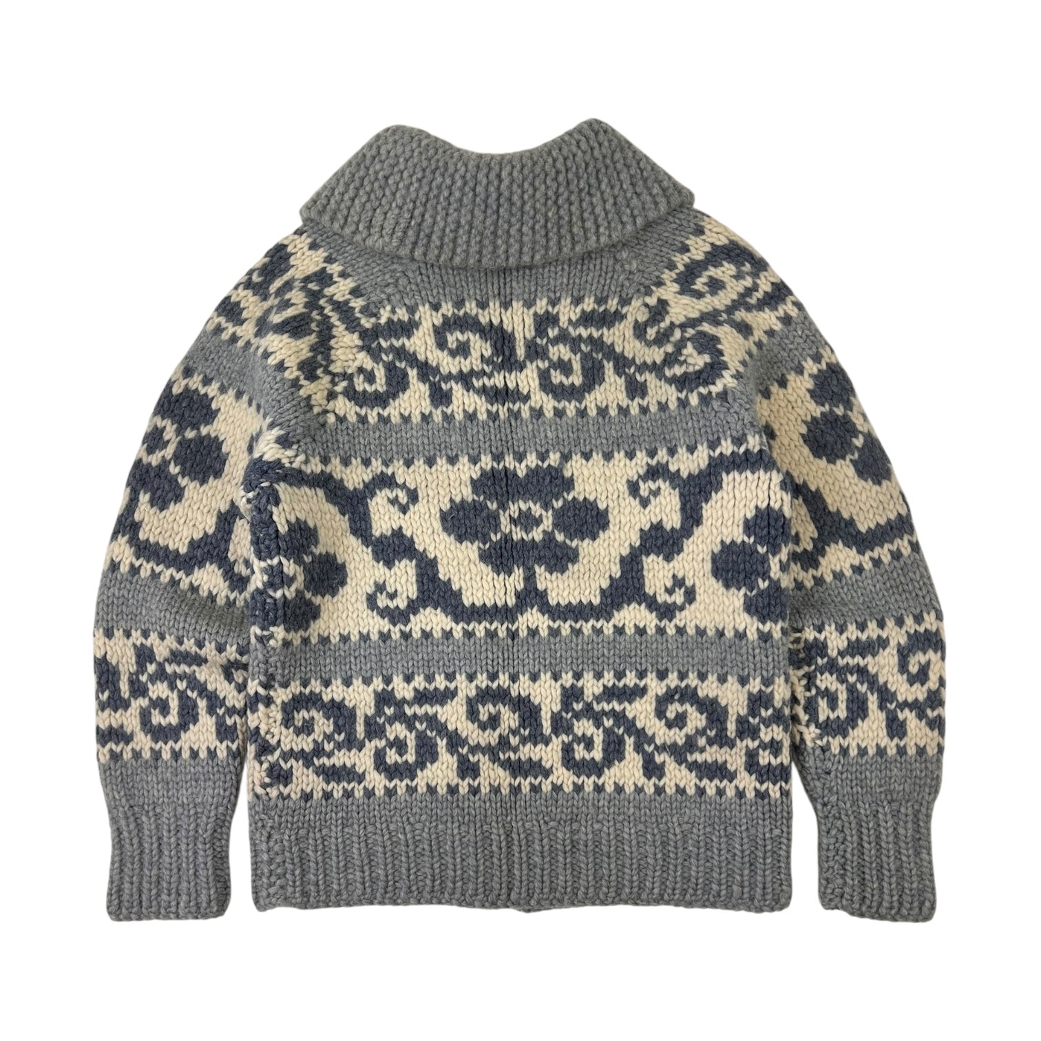 Vintage Wool Cowichan Floral Knit Zip-Up Sweater Blue/Cream