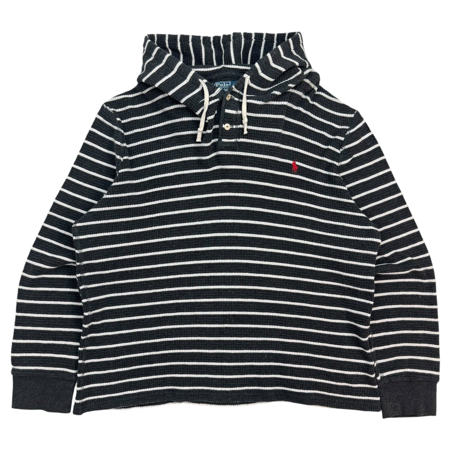 Vintage Polo Ralph Lauren Striped Waffle Knit Thermal Hoodie Black/White