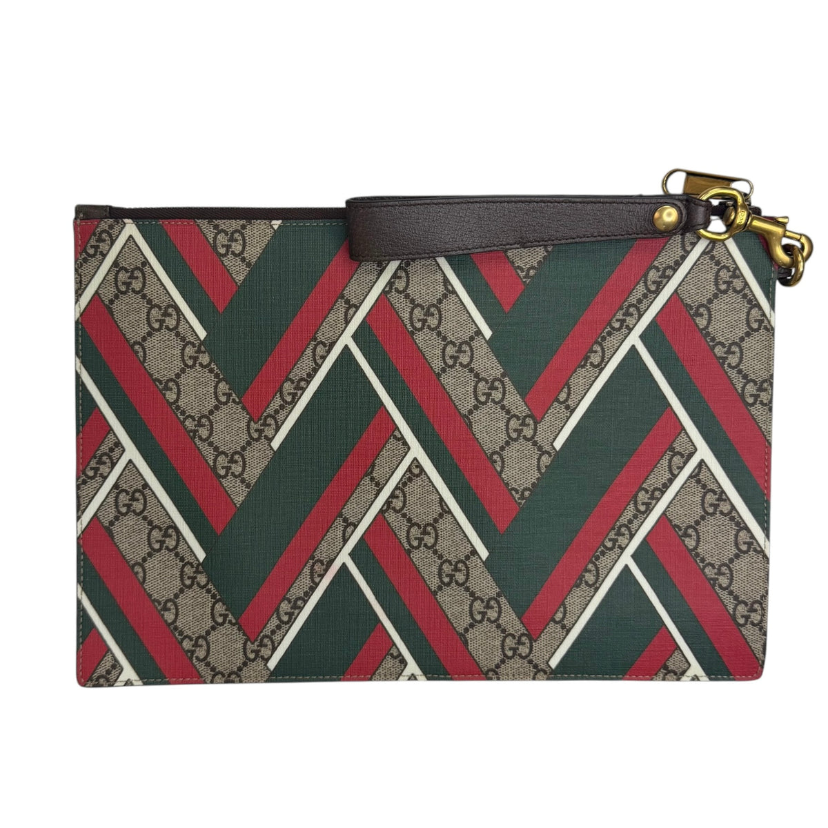 (W) Gucci GG Supreme Chevron Medium Zip Pouch Beige