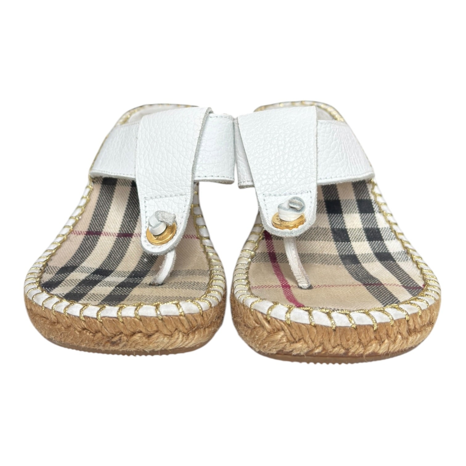(W) Burberry White Leather Espadrille Thong Wedge