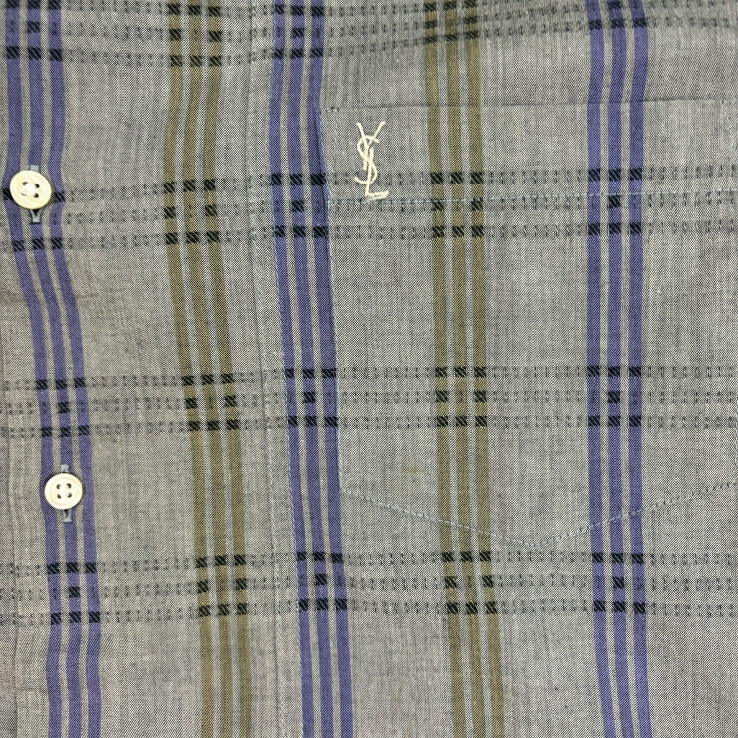 Vintage YSL Checkered Button-Up T-Shirt Grey