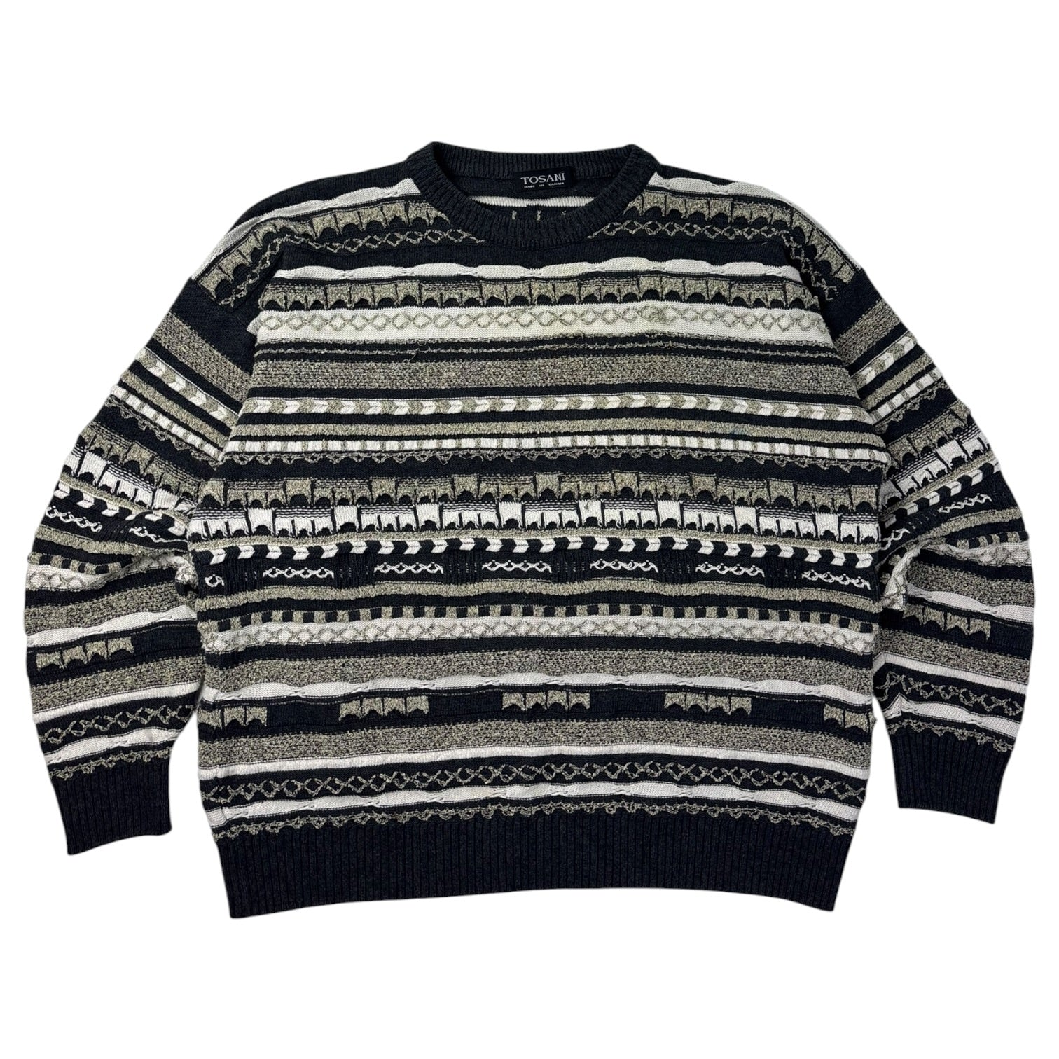 Vintage Tosani 3D Textured Striped Knit Sweater Dark Grey