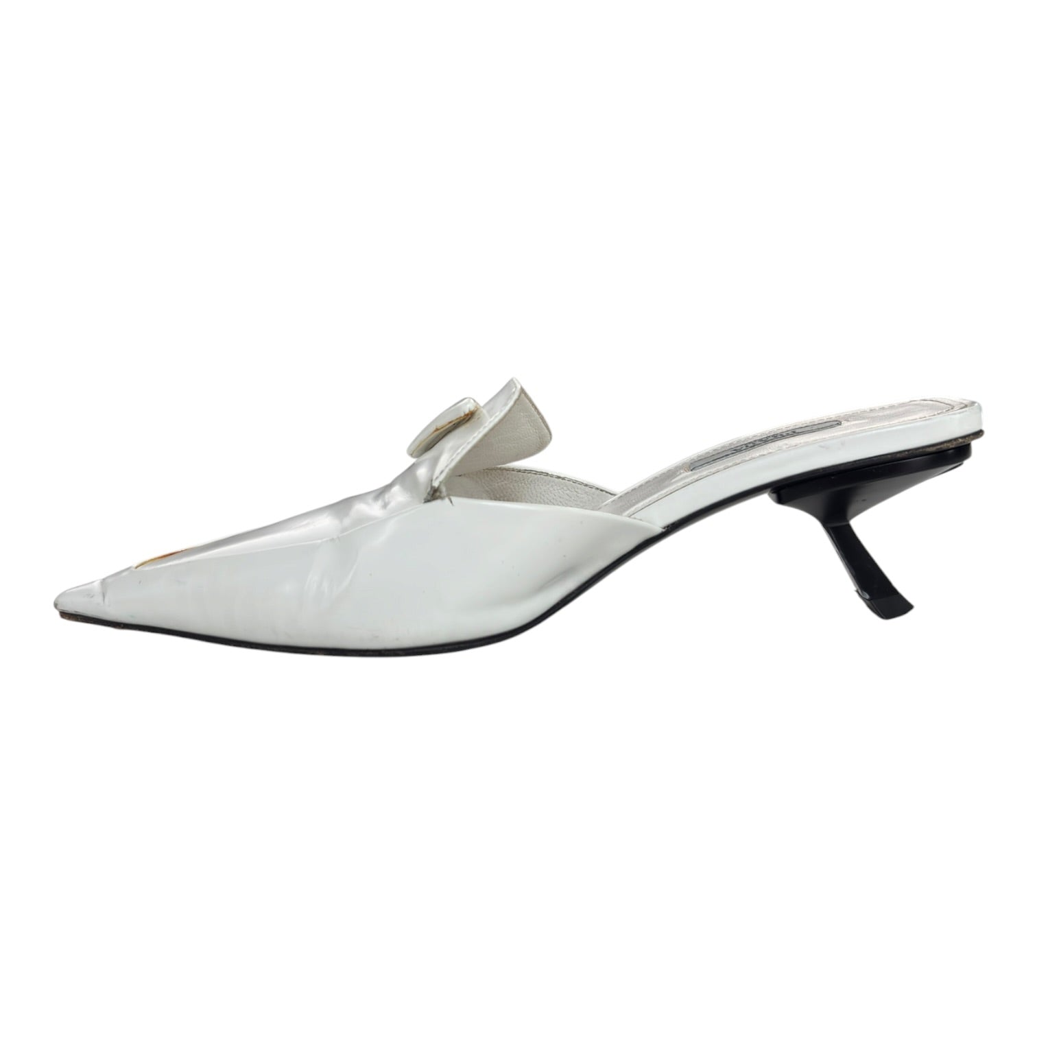 (W) Prada White Spazzolato Triangle Logo 55M Pointed Toe Mules Heels