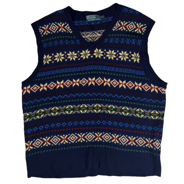 Vintage Polo Ralph Lauren Fair Isle Silk/Linen/Cotton Blend Sweater Vest Blue