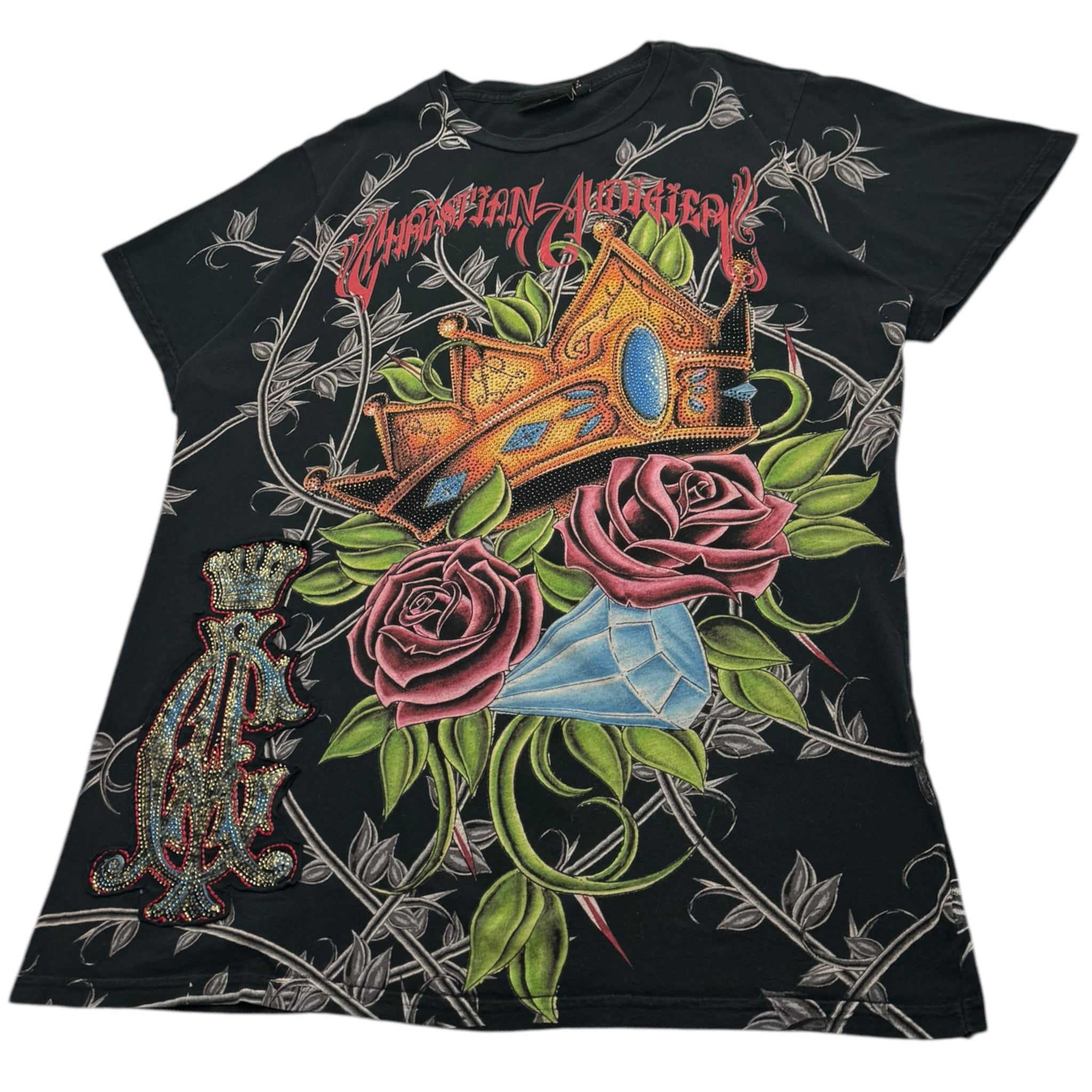 Y2K Christian Audigier Bedazzled Roses All Over Print T-Shirt