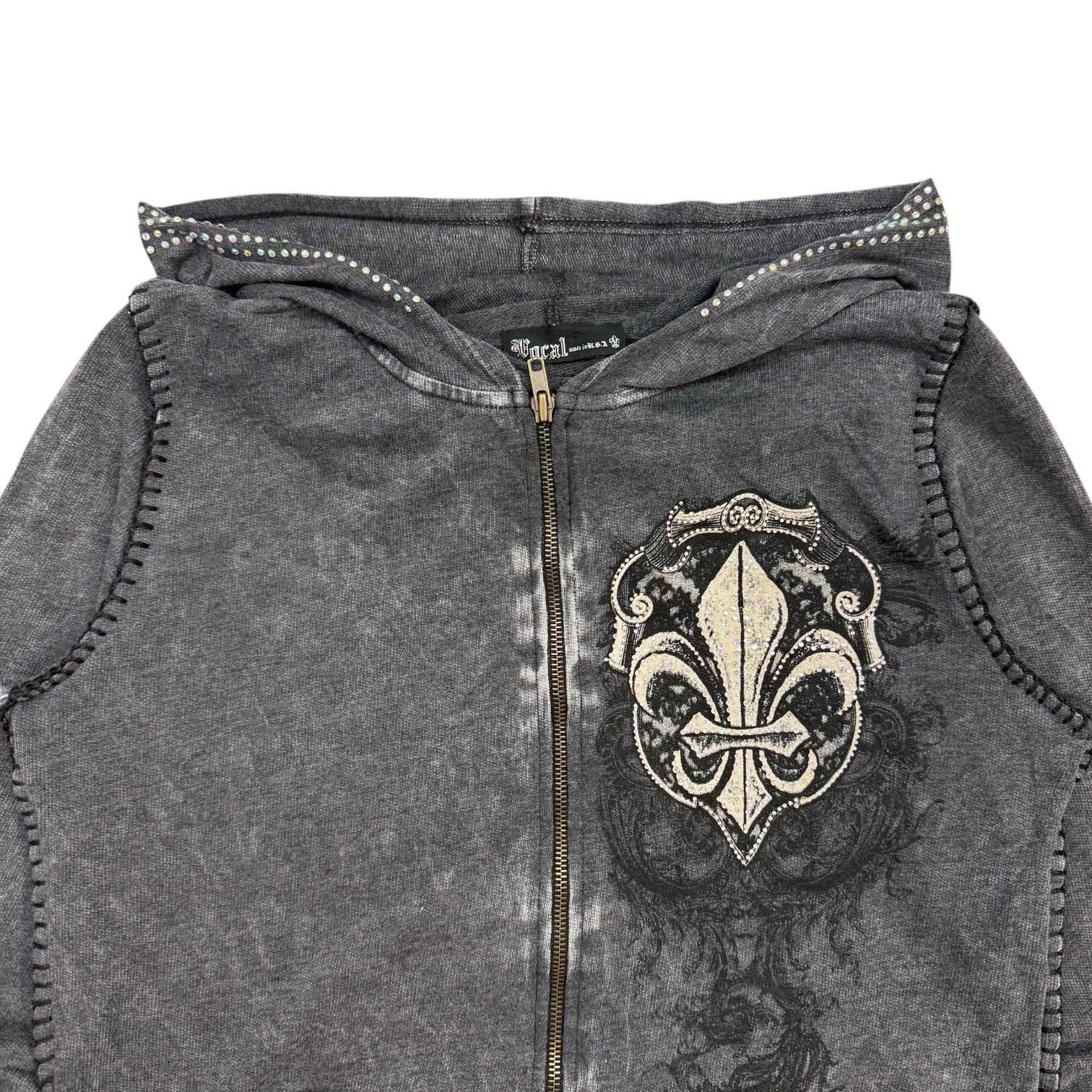 (W) Vintage Vocal Fleur Des Lis Zip Up Hoodie Washed Grey
