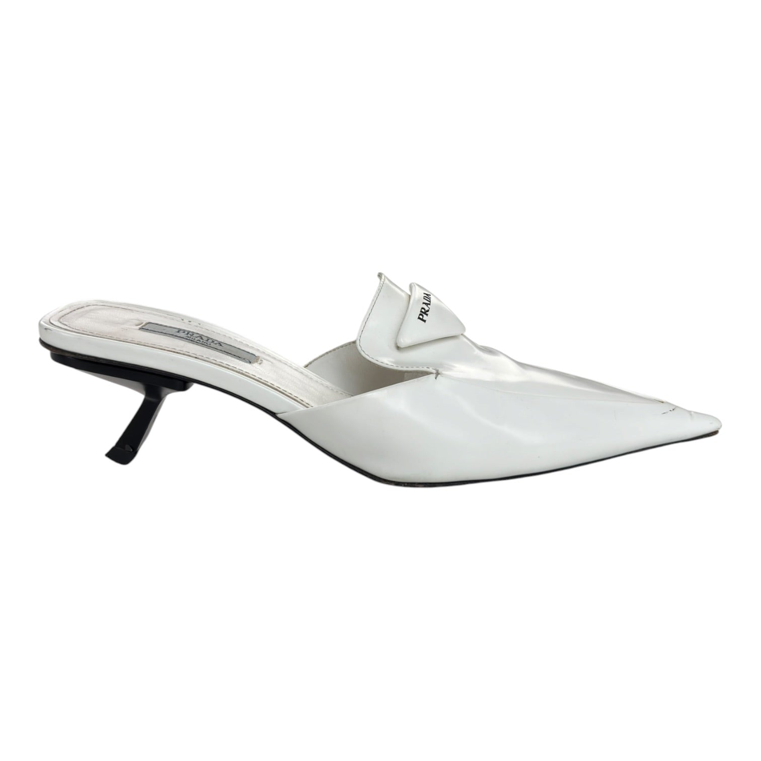 W) Prada White Spazzolato Triangle Logo 55M Pointed Toe Mules Heels