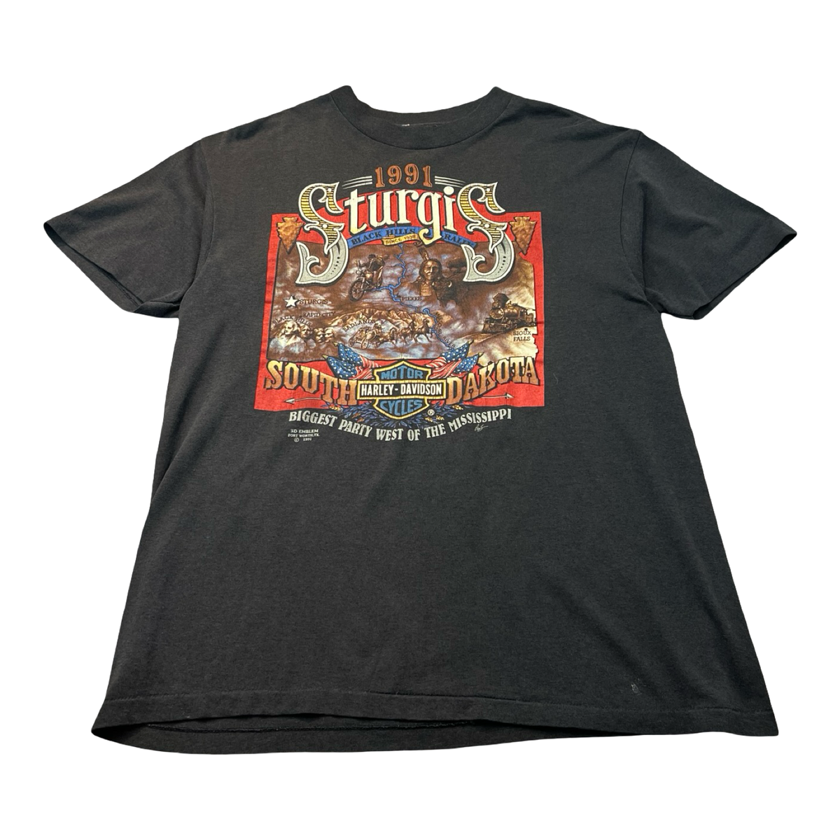 1991 Harley Davidson 3D Emblem Sturgis South Dakota T-Shirt Black