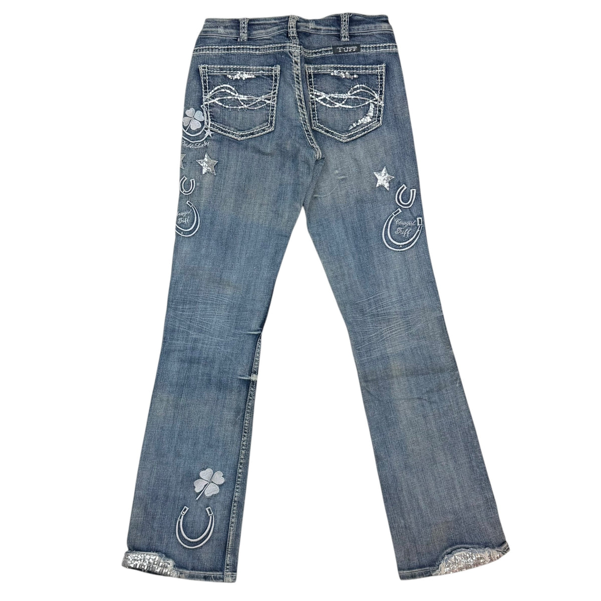 (W) Cowgirl Tuff Embroidered Sequin Double Lucky Jeans Blue