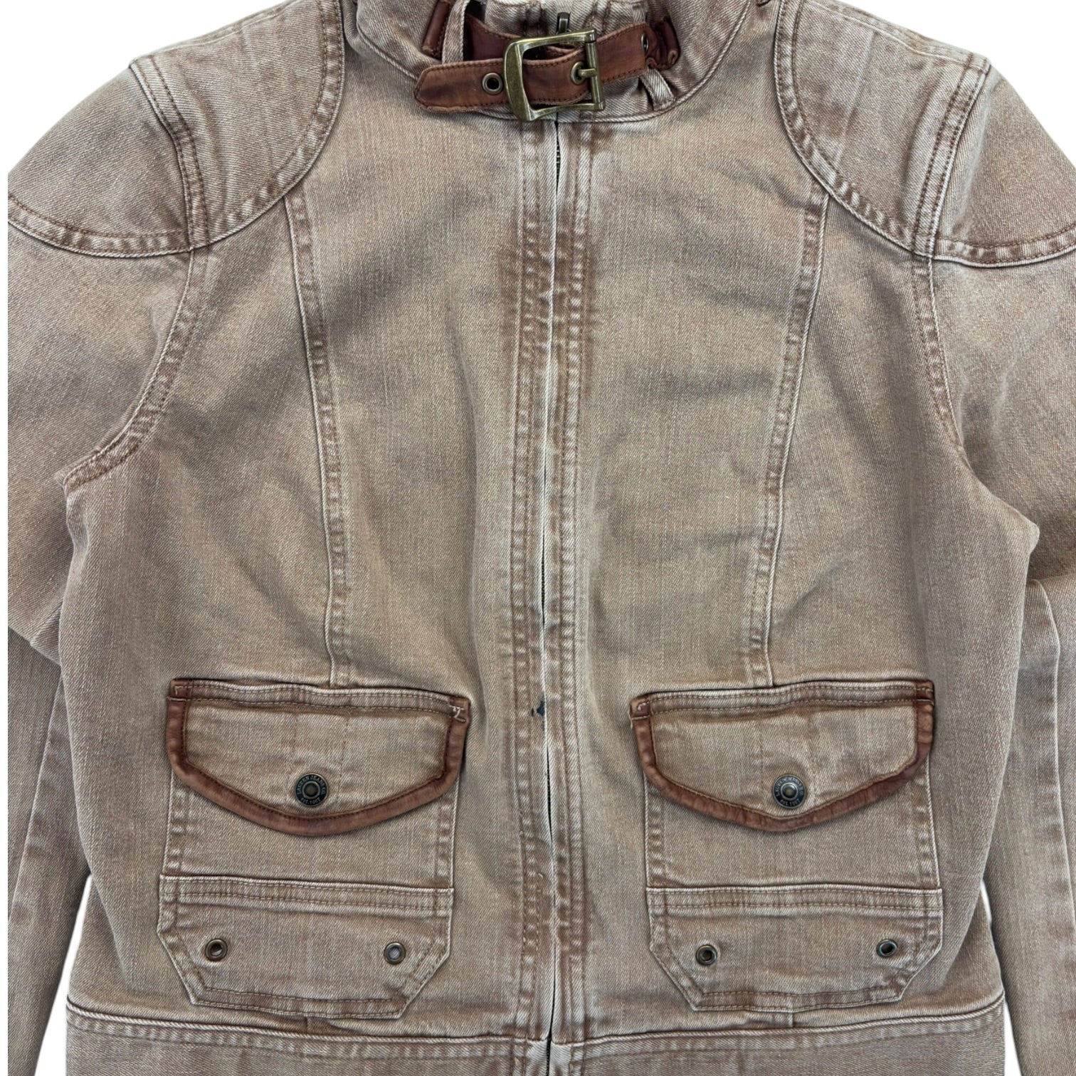 (W) Y2K Ralph Lauren Leather Trim Jean Jacket Brown