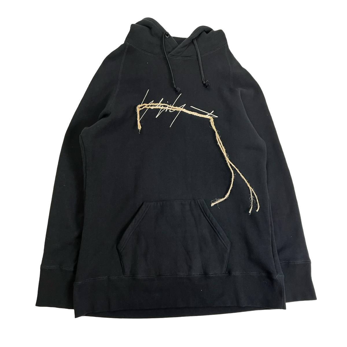 Yohji Yamamoto Rope String Logo Cotton Hoodie Black