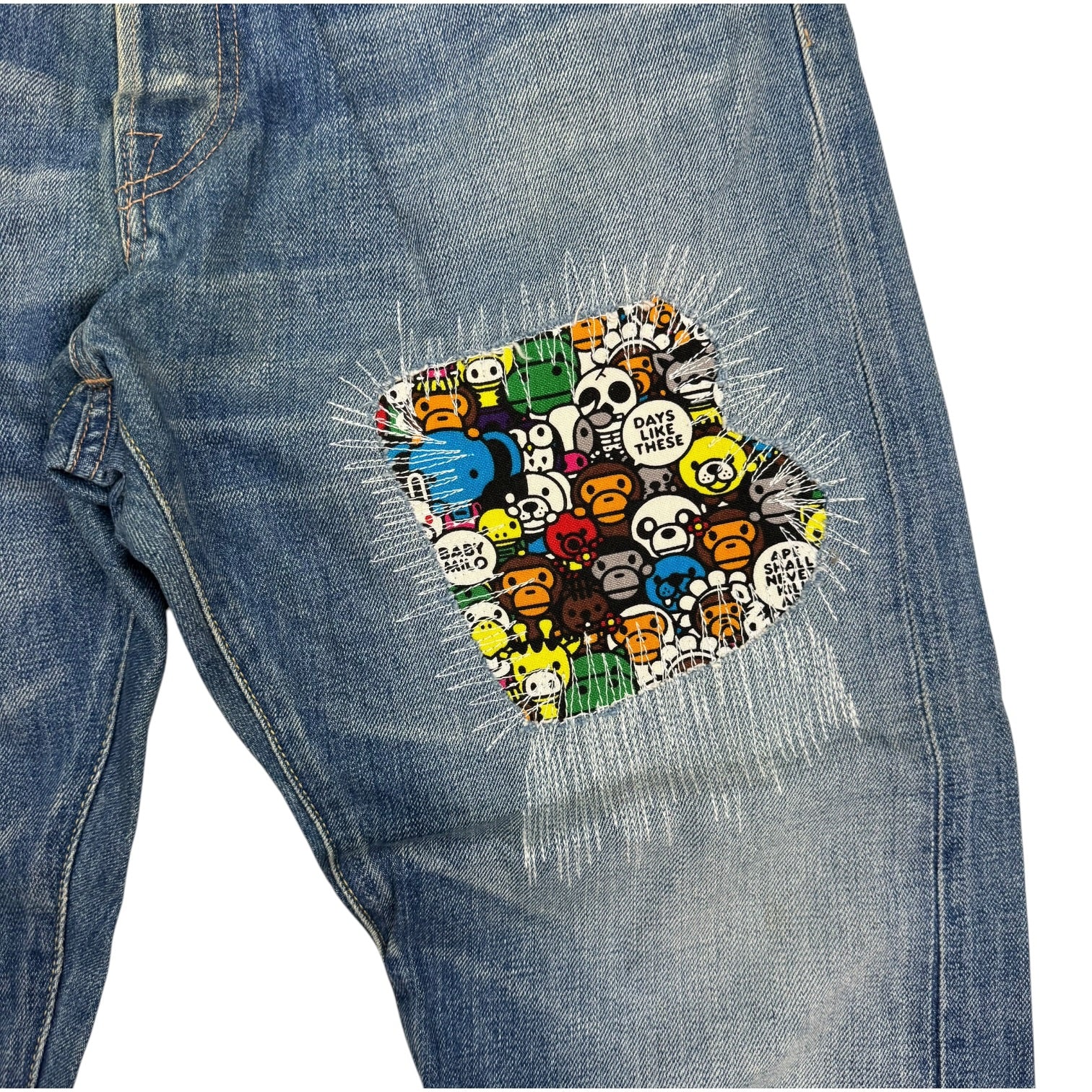 A Bathing Ape Milo Animal Safari Damaged Denim Pants Medium Wash