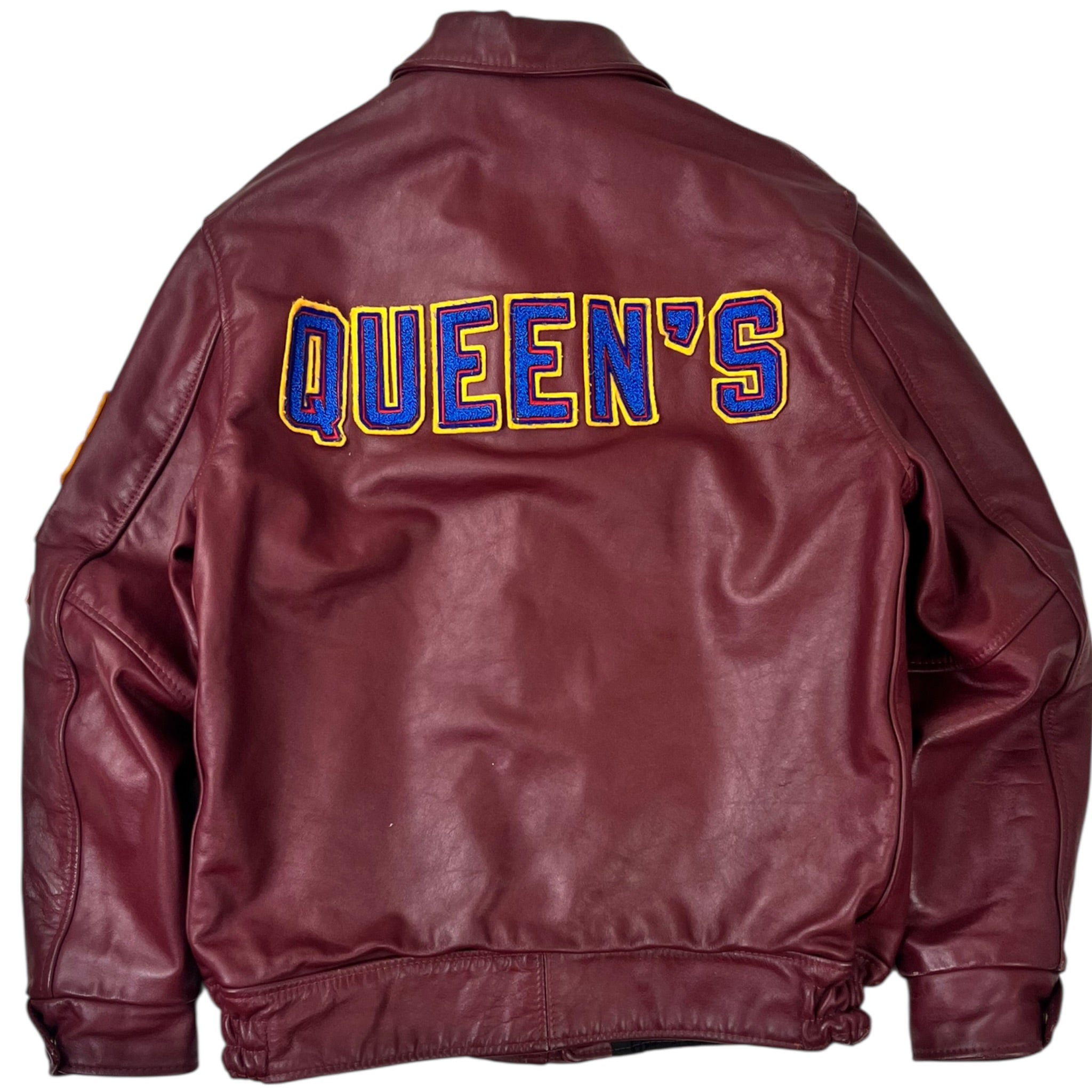 Vintage Queen's University Leather Environmental Geography Varsity Jacket Burgundy