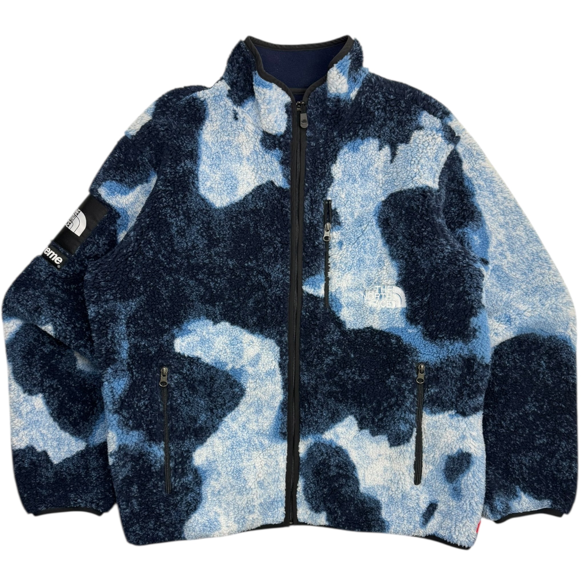 Supreme The North Face Bleached Denim Print Fleece Jacket Indigo