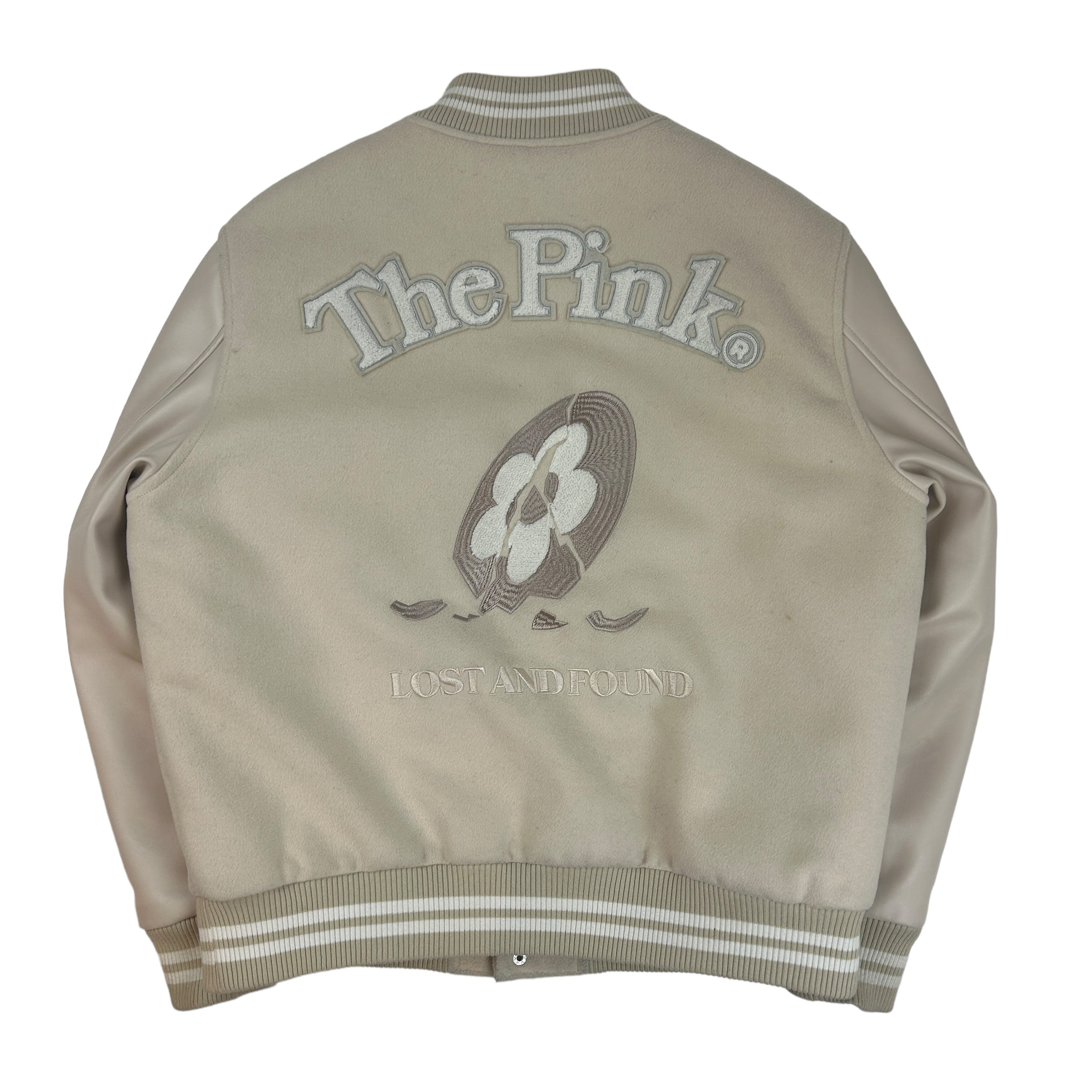 Vandy The Pink Lost and Found Cream Varsity Jacket